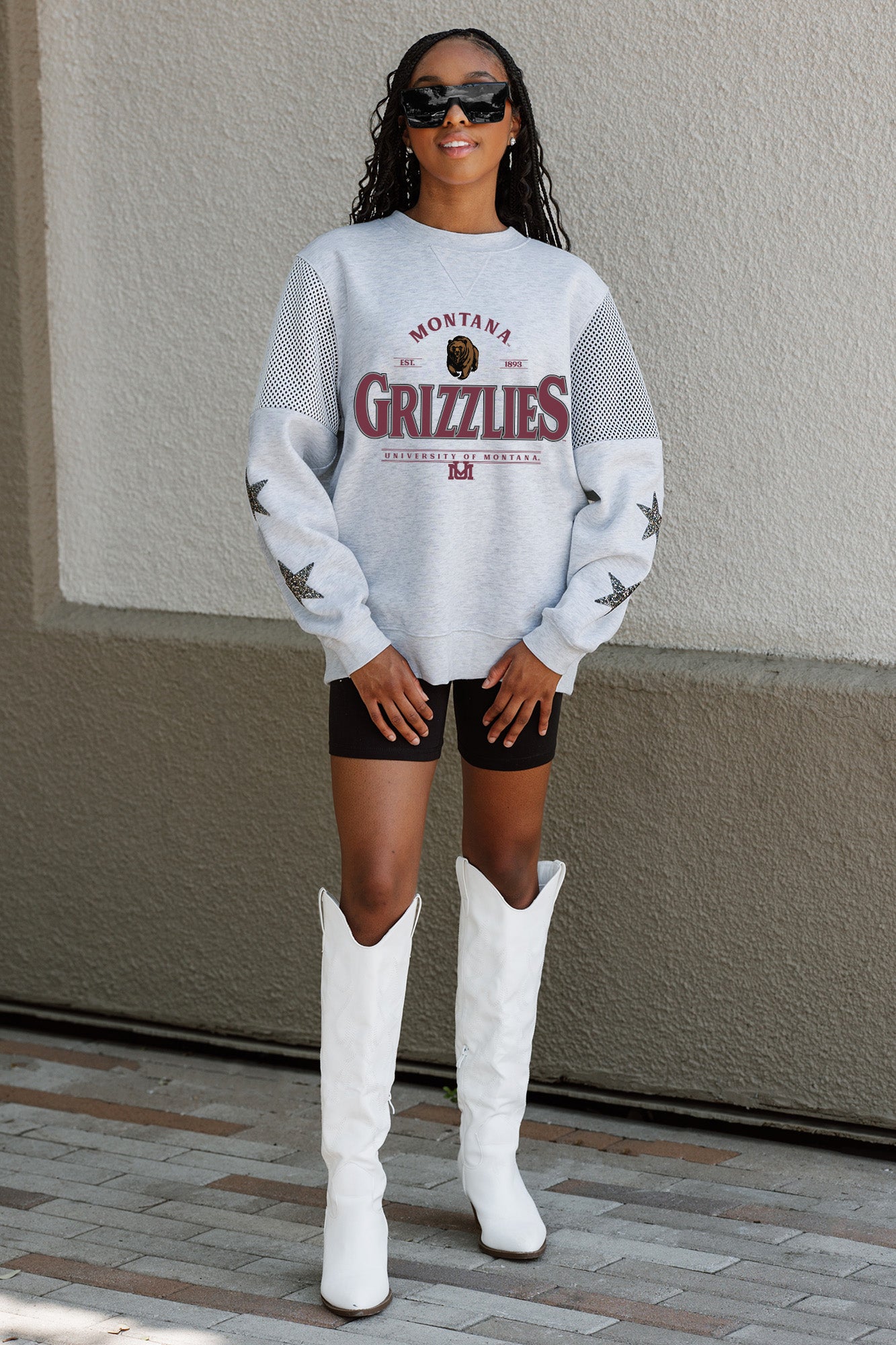 MONTANA GRIZZLIES SWEET MOVES CREWNECK FLEECE WITH JERSEY MESH CONTRASTING SHOULDER INSERT