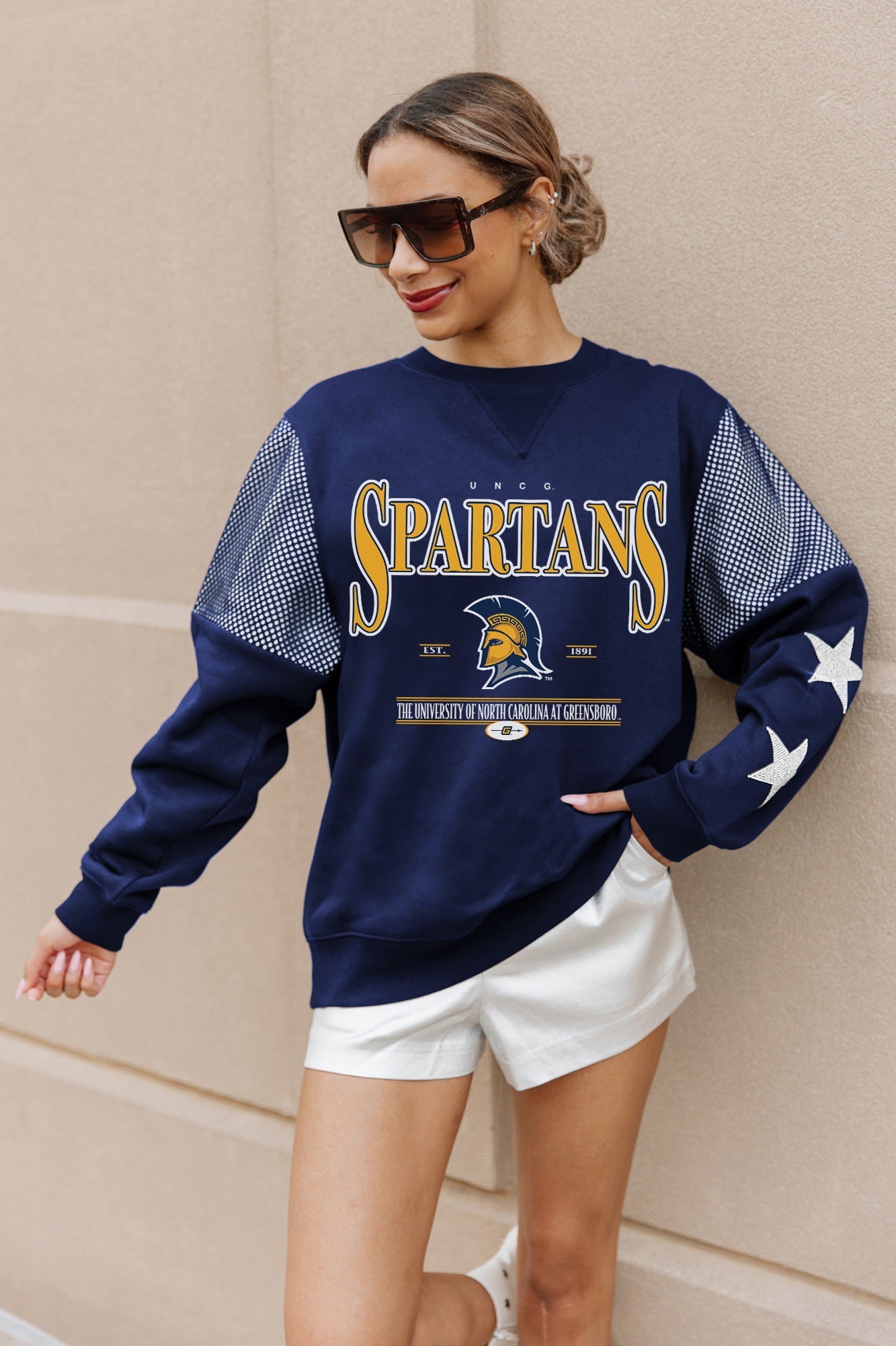 UNC GREENSBORO SPARTANS SHINING SPIRIT CREWNECK FLEECE WITH JERSEY MESH CONTRASTING SHOULDER INSERT AND RIBBED CUFFS AND WAISTBAND