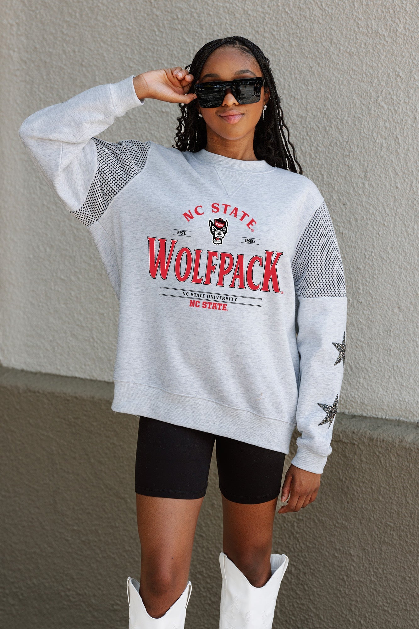 NORTH CAROLINA STATE WOLFPACK SWEET MOVES CREWNECK FLEECE WITH JERSEY MESH CONTRASTING SHOULDER INSERT