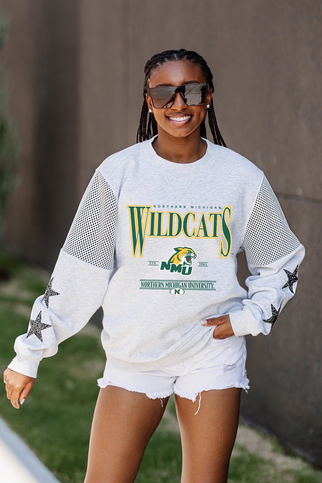 NORTHERN MICHIGAN WILDCATS SHINING SPIRIT CREWNECK FLEECE WITH JERSEY MESH CONTRASTING SHOULDER INSERT AND RIBBED CUFFS AND WAISTBAND