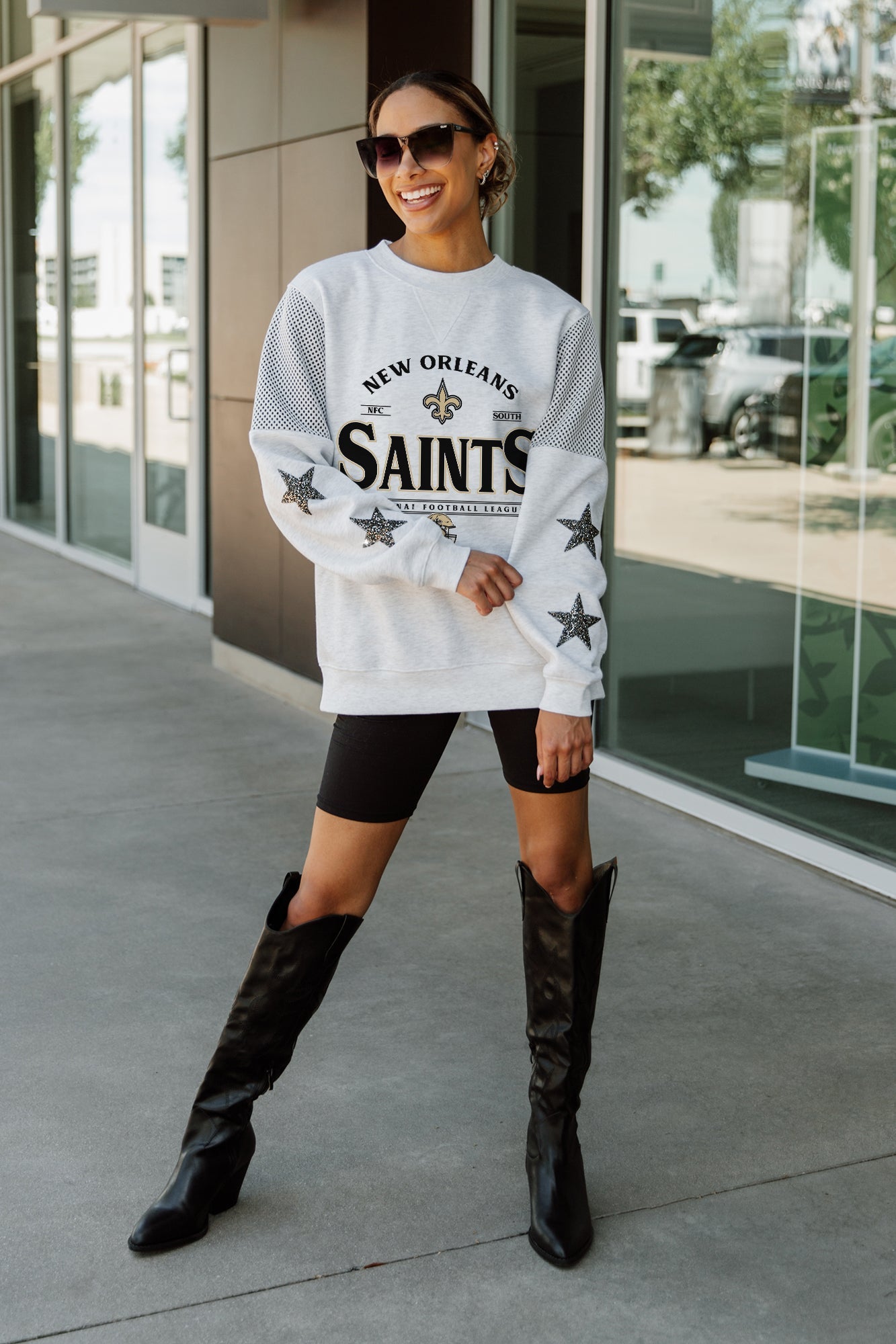 NEW ORLEANS SAINTS SWEET MOVES CREWNECK FLEECE WITH JERSEY MESH CONTRASTING SHOULDER INSERT