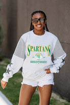 NORFOLK STATE SPARTANS SHINING SPIRIT CREWNECK FLEECE WITH JERSEY MESH CONTRASTING SHOULDER INSERT AND RIBBED CUFFS AND WAISTBAND