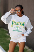 NORFOLK STATE SPARTANS SHINING SPIRIT CREWNECK FLEECE WITH JERSEY MESH CONTRASTING SHOULDER INSERT AND RIBBED CUFFS AND WAISTBAND