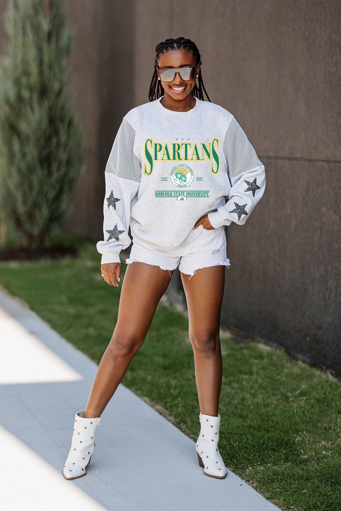 NORFOLK STATE SPARTANS SHINING SPIRIT CREWNECK FLEECE WITH JERSEY MESH CONTRASTING SHOULDER INSERT AND RIBBED CUFFS AND WAISTBAND