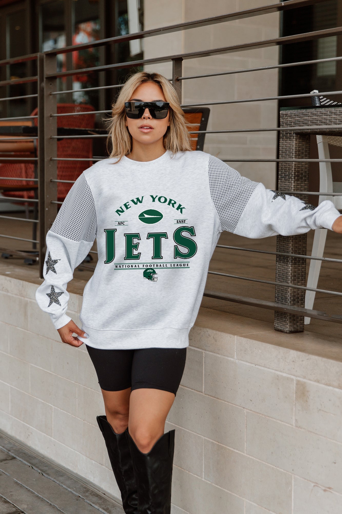 NEW YORK JETS SWEET MOVES CREWNECK FLEECE WITH JERSEY MESH CONTRASTING SHOULDER INSERT