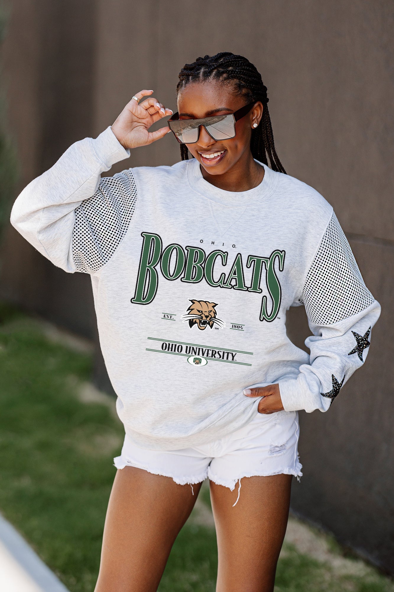 OHIO BOBCATS SHINING SPIRIT CREWNECK FLEECE WITH JERSEY MESH CONTRASTING SHOULDER INSERT AND RIBBED CUFFS AND WAISTBAND