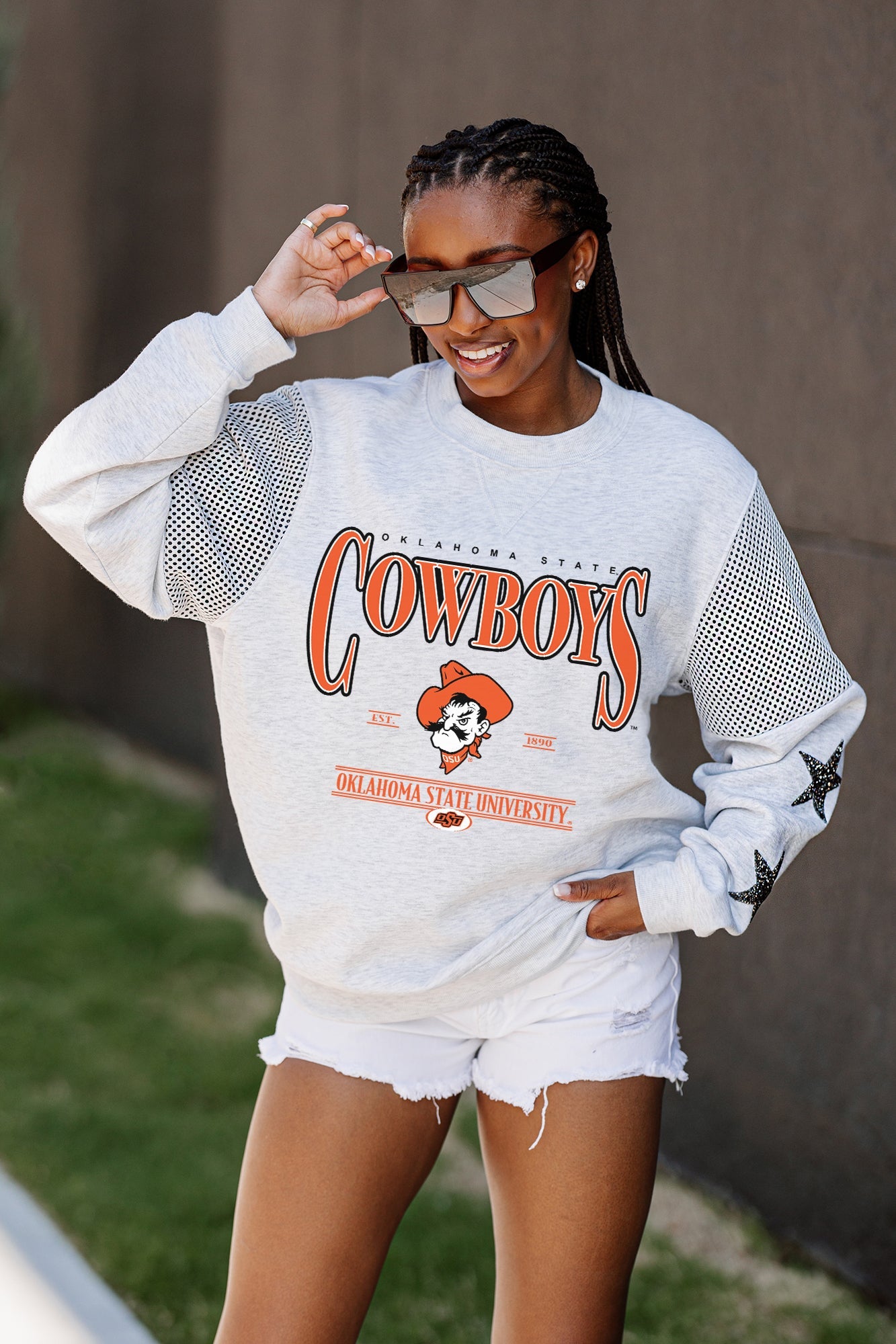 OKLAHOMA STATE COWBOYS DYNAMIC CREWNECK FLEECE WITH JERSEY MESH CONTRASTING SHOULDER INSERT