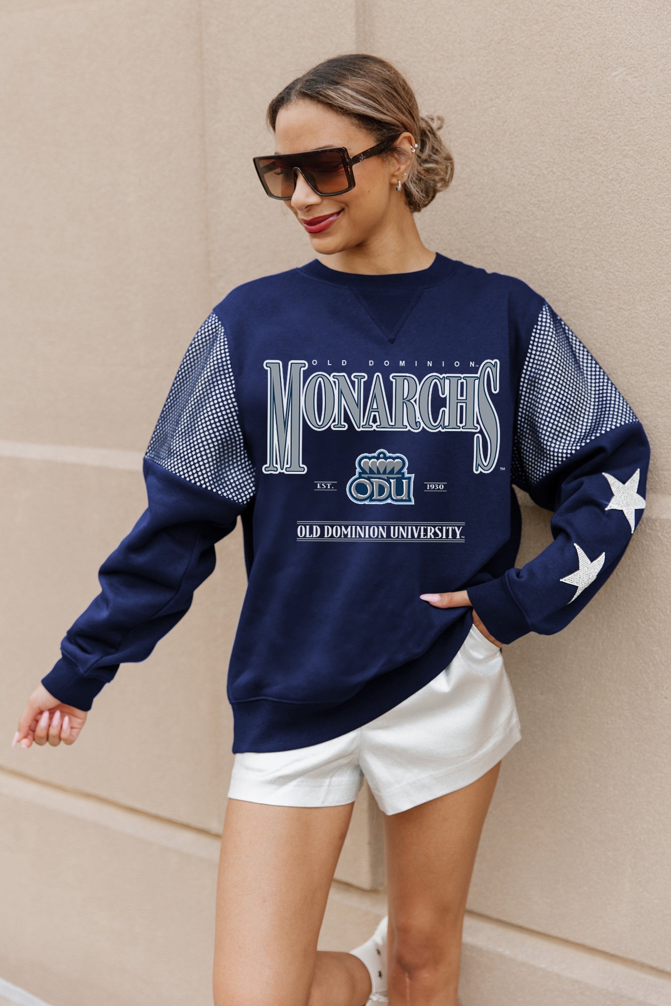 OLD DOMINION MONARCHS SHINING SPIRIT CREWNECK FLEECE WITH JERSEY MESH CONTRASTING SHOULDER INSERT AND RIBBED CUFFS AND WAISTBAND