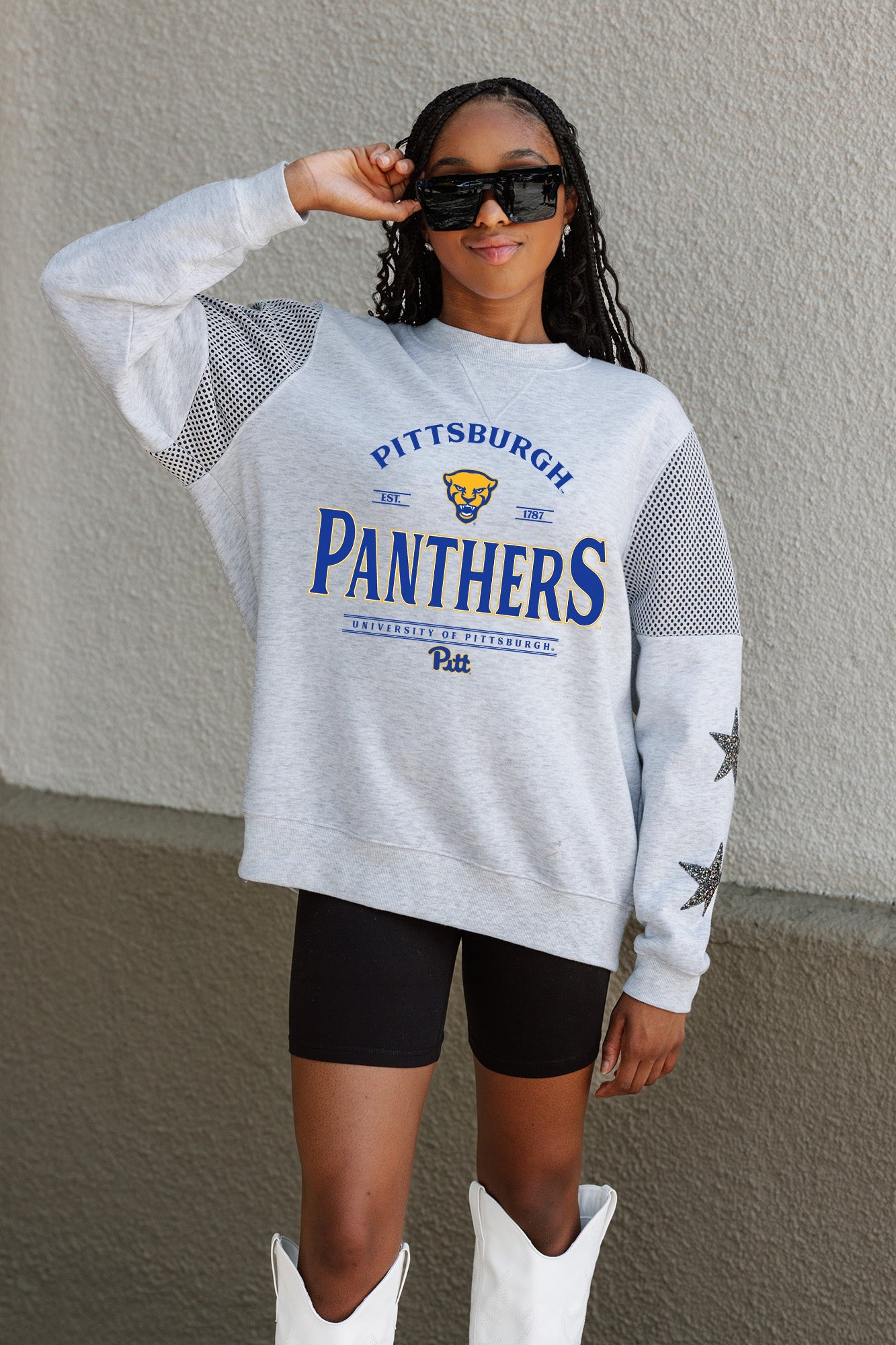 PITTSBURGH PANTHERS SWEET MOVES CREWNECK FLEECE WITH JERSEY MESH CONTRASTING SHOULDER INSERT