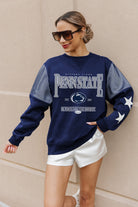 PENN STATE NITTANY LIONS SHINING SPIRIT CREWNECK FLEECE WITH JERSEY MESH CONTRASTING SHOULDER INSERT AND RIBBED CUFFS AND WAISTBAND