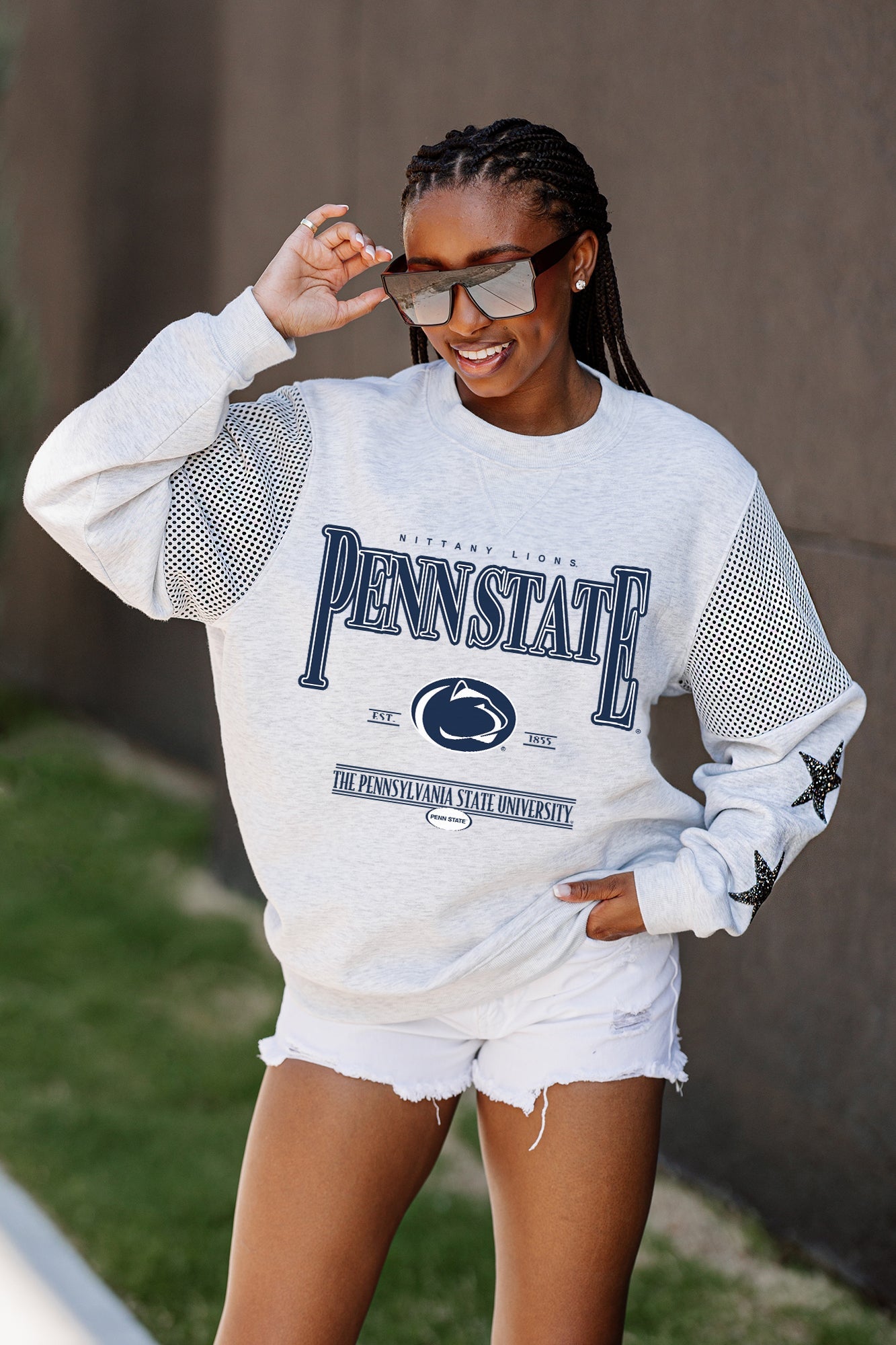 PENN STATE NITTANY LIONS DYNAMIC CREWNECK FLEECE WITH JERSEY MESH CONTRASTING SHOULDER INSERT