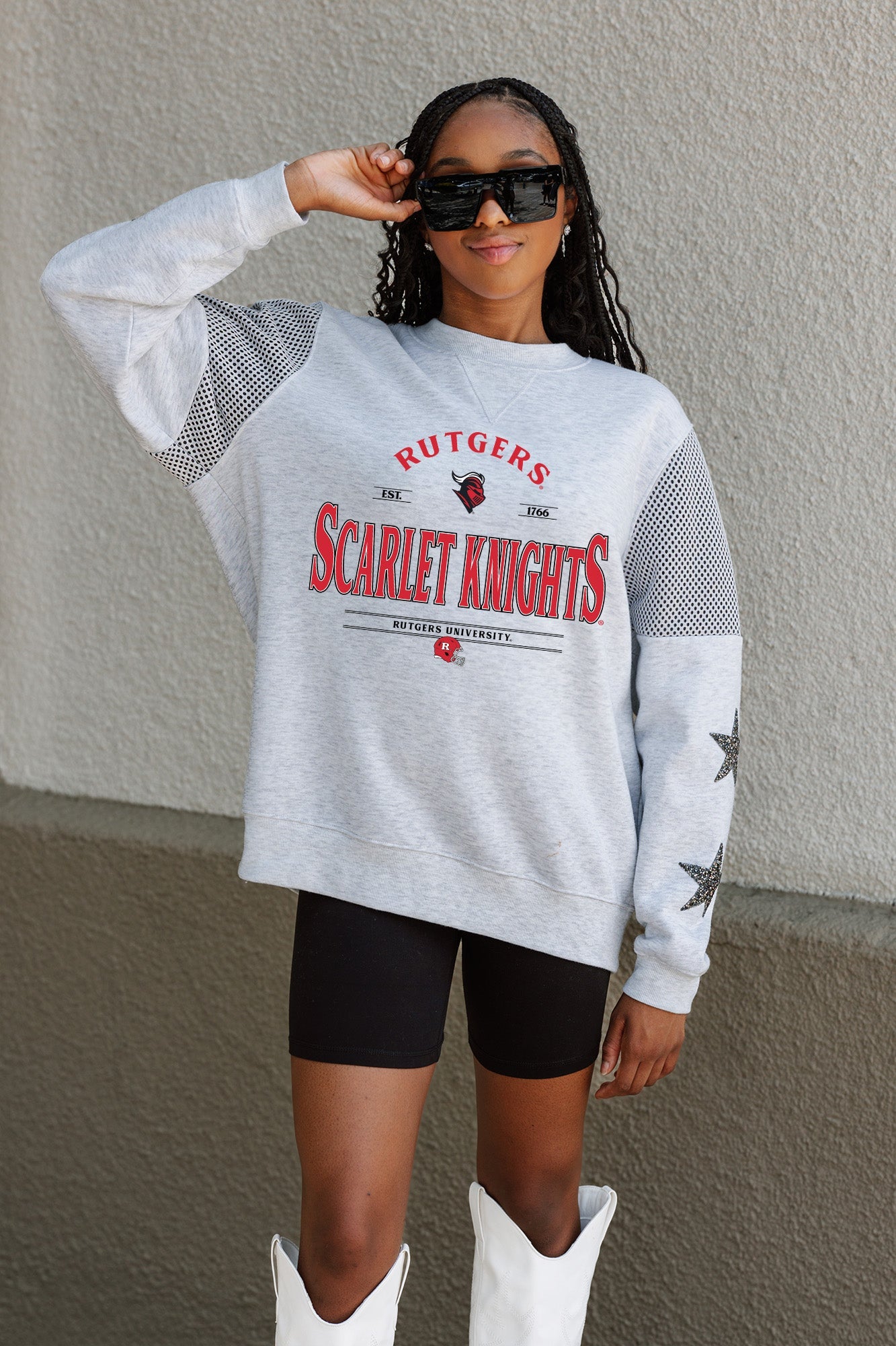 RUTGERS SCARLET KNIGHTS SWEET MOVES CREWNECK FLEECE WITH JERSEY MESH CONTRASTING SHOULDER INSERT