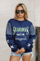 SEATTLE SEAHAWKS SHINING SPIRIT CREWNECK FLEECE WITH JERSEY MESH CONTRASTING SHOULDER INSERT