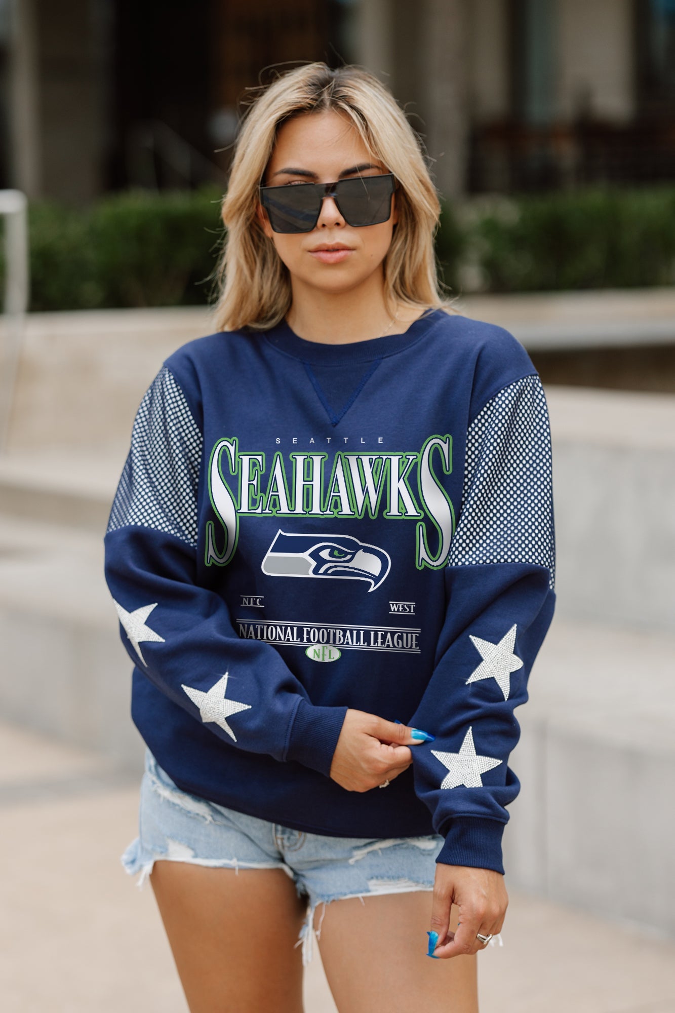 SEATTLE SEAHAWKS SHINING SPIRIT CREWNECK FLEECE WITH JERSEY MESH CONTRASTING SHOULDER INSERT