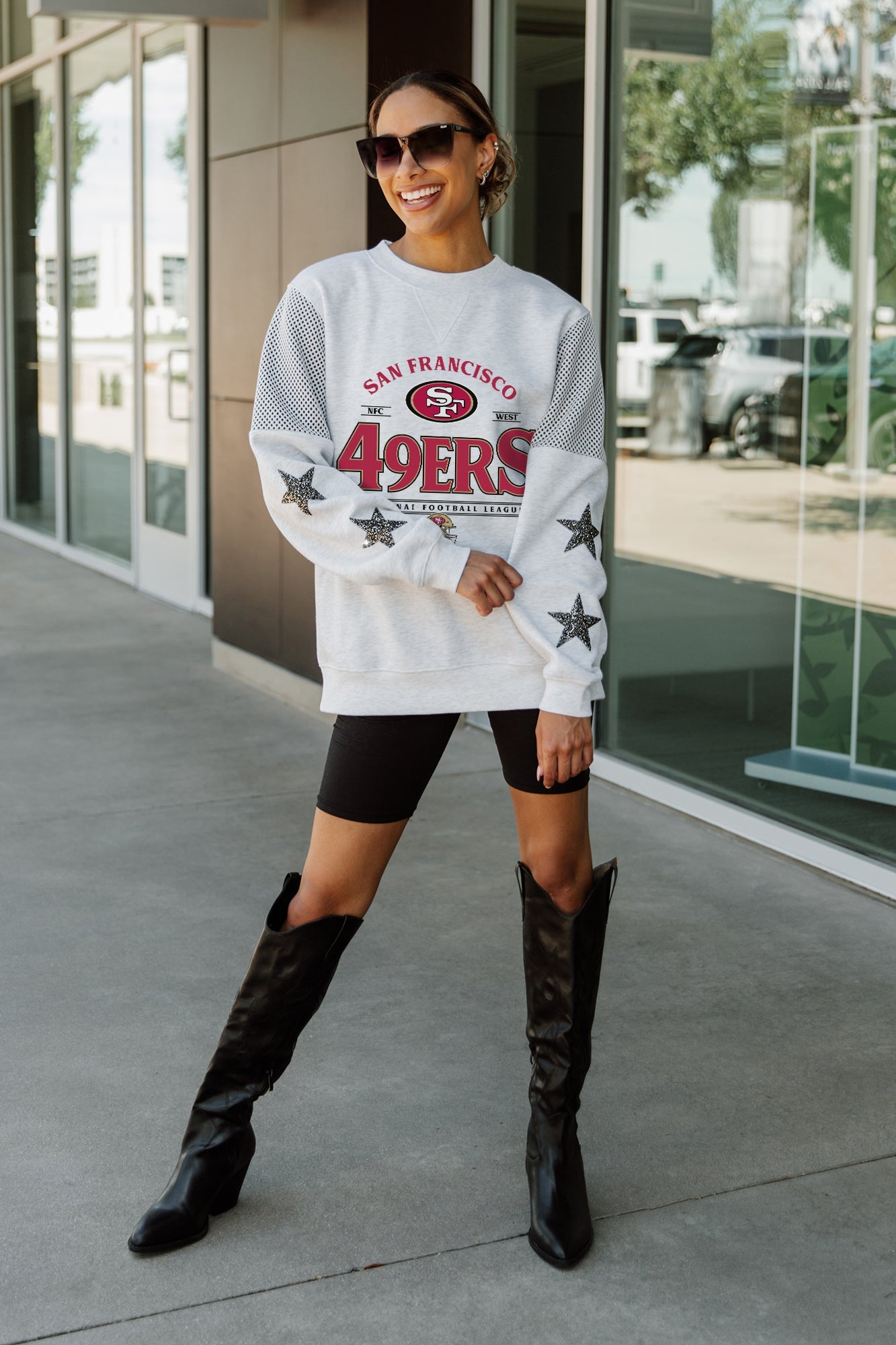 SAN FRANCISCO 49ERS SWEET MOVES CREWNECK FLEECE WITH JERSEY MESH CONTRASTING SHOULDER INSERT