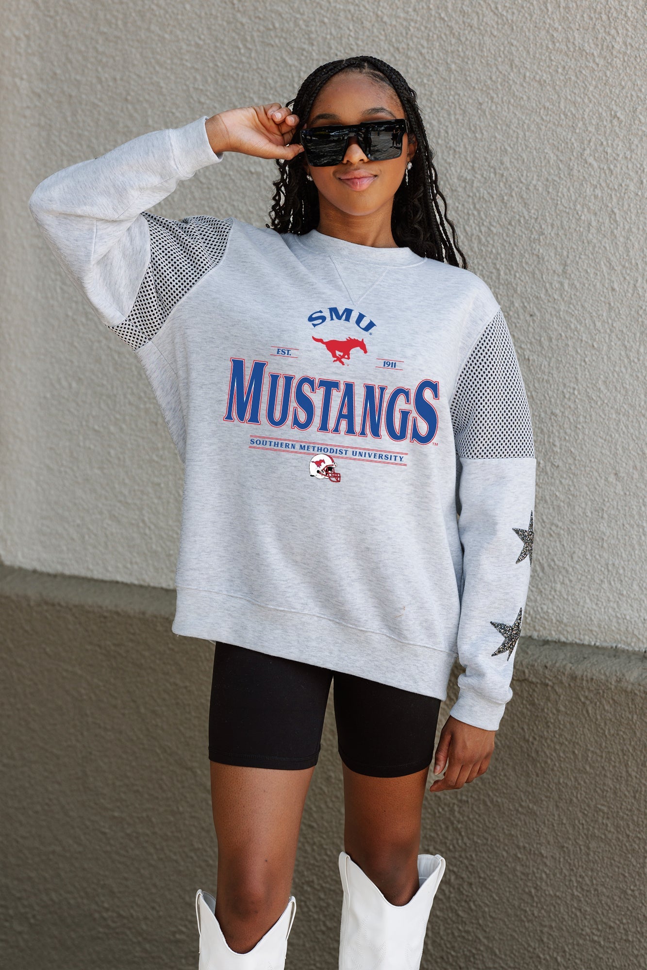 SMU MUSTANGS SWEET MOVES CREWNECK FLEECE WITH JERSEY MESH CONTRASTING SHOULDER INSERT