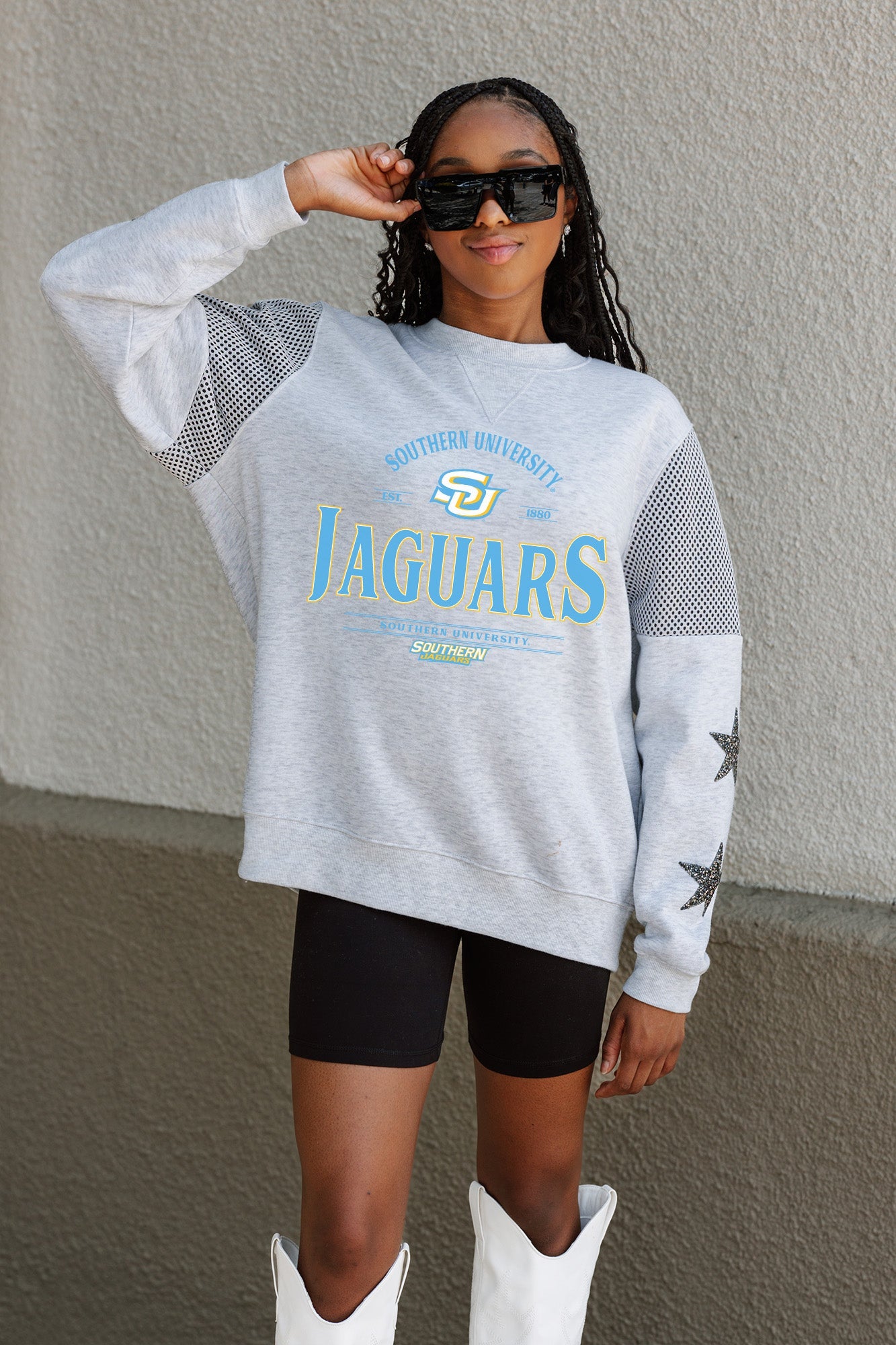 SOUTHERN JAGUARS SWEET MOVES CREWNECK FLEECE WITH JERSEY MESH CONTRASTING SHOULDER INSERT