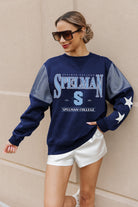 SPELMAN COLLEGE JAGUARS SHINING SPIRIT CREWNECK FLEECE WITH JERSEY MESH CONTRASTING SHOULDER INSERT AND RIBBED CUFFS AND WAISTBAND