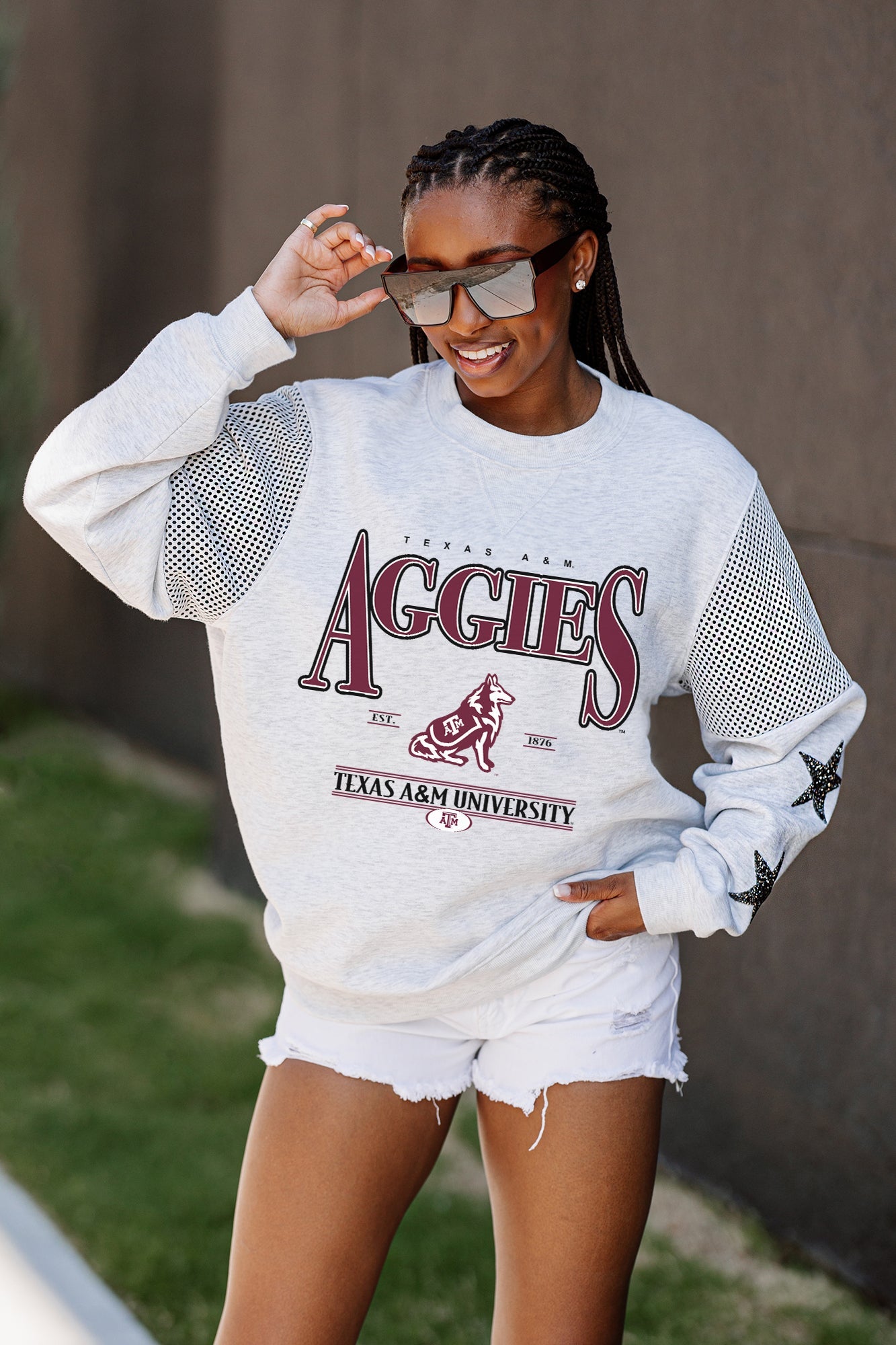 TEXAS A&M AGGIES SHINING SPIRIT CREWNECK FLEECE WITH JERSEY MESH CONTRASTING SHOULDER INSERT AND RIBBED CUFFS AND WAISTBAND