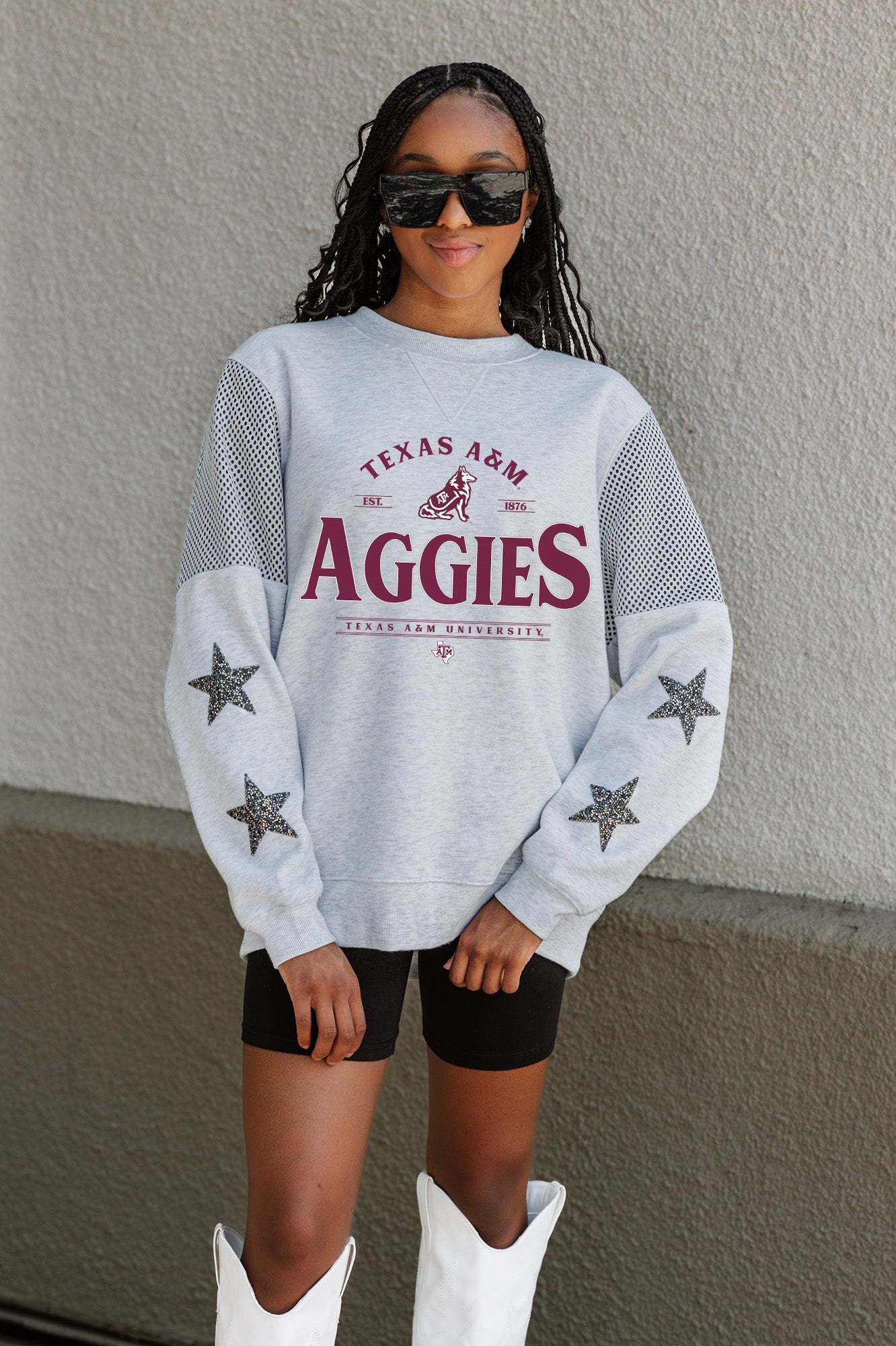 TEXAS A&M AGGIES SWEET MOVES CREWNECK FLEECE WITH JERSEY MESH CONTRASTING SHOULDER INSERT