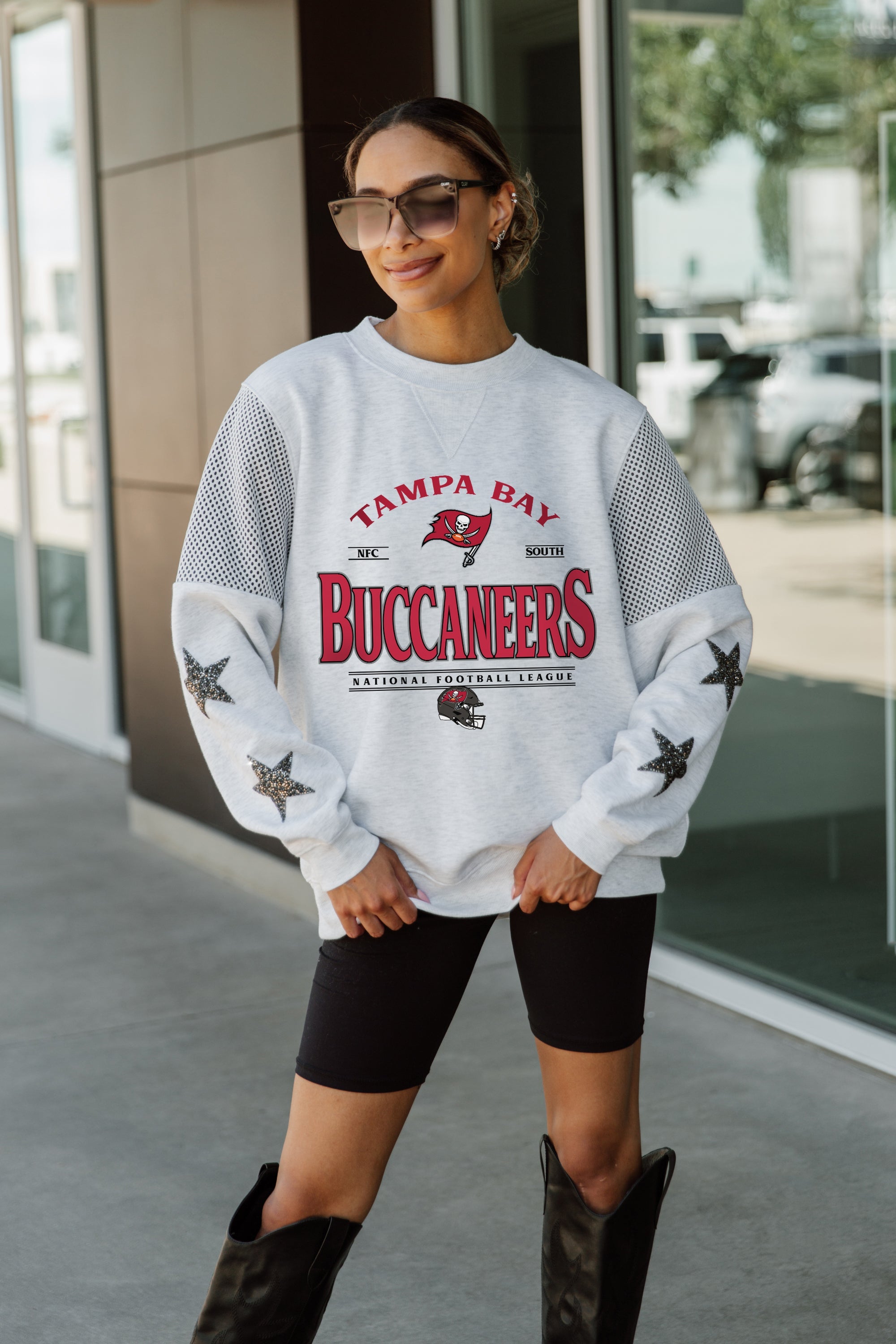 TAMPA BAY BUCCANEERS SWEET MOVES CREWNECK FLEECE WITH JERSEY MESH CONTRASTING SHOULDER INSERT