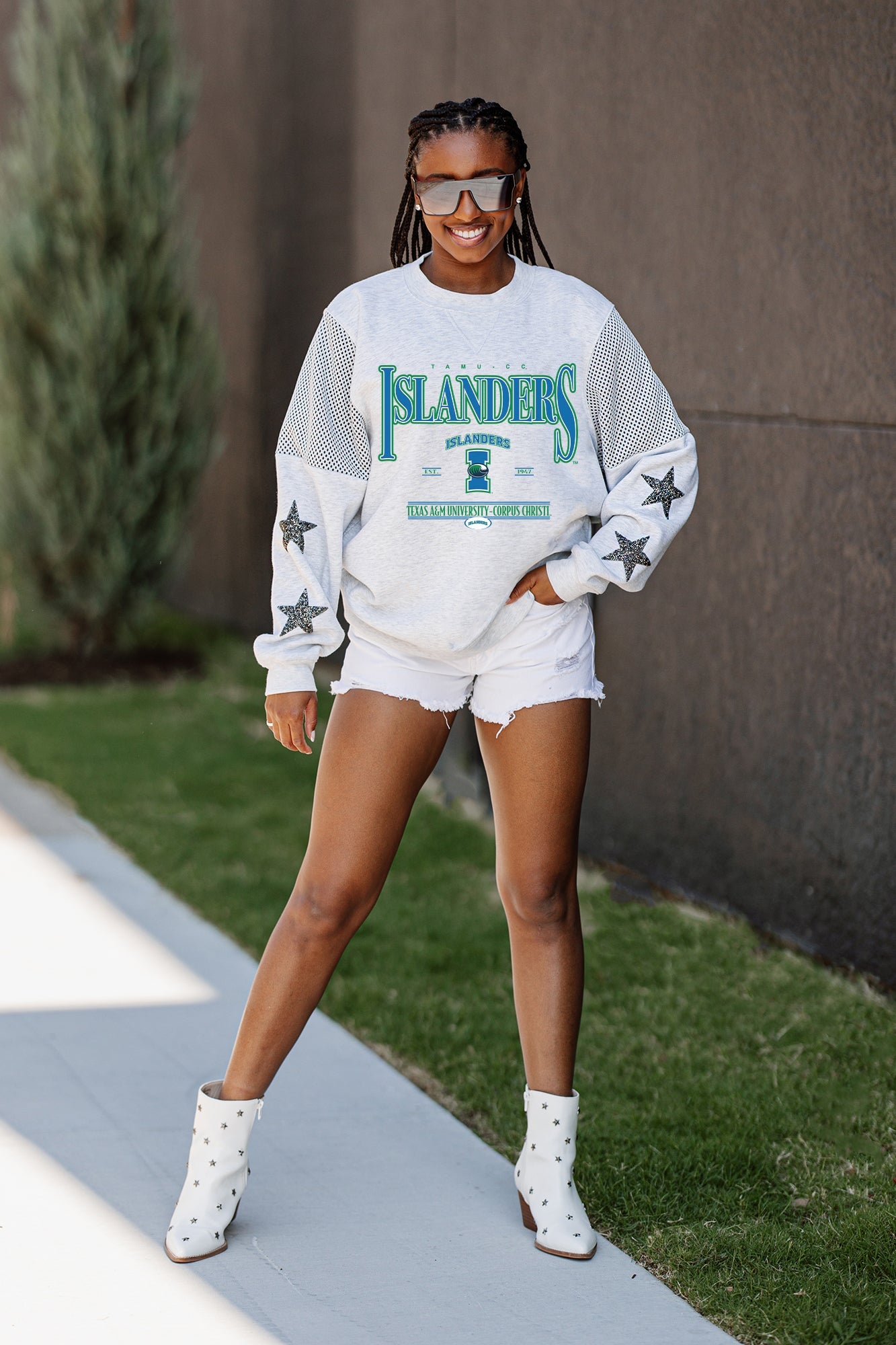 TEXAS A&M-CORPUS CHRISTI ISLANDERS SHINING SPIRIT CREWNECK FLEECE WITH JERSEY MESH CONTRASTING SHOULDER INSERT AND RIBBED CUFFS AND WAISTBAND