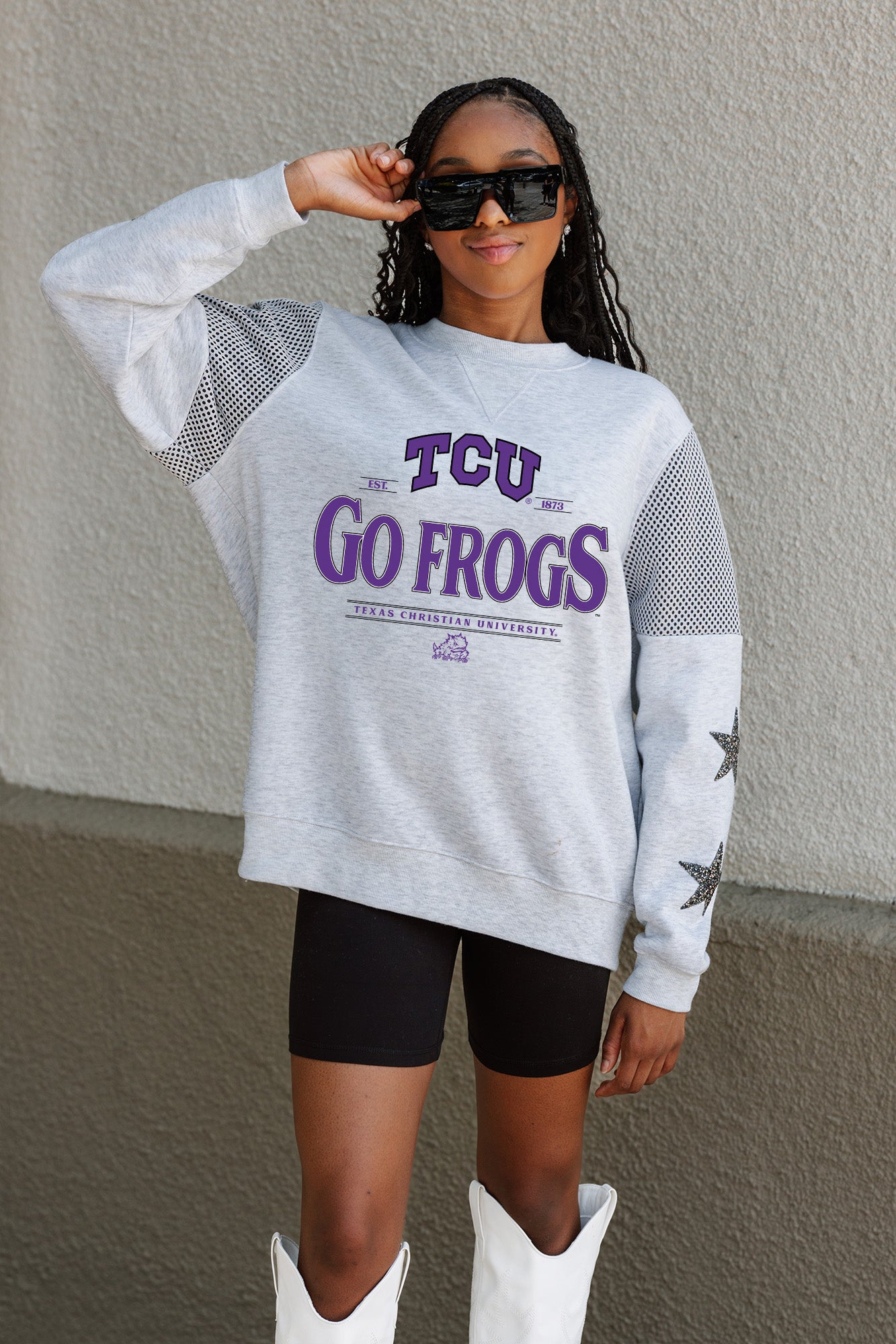 TCU HORNED FROGS SWEET MOVES CREWNECK FLEECE WITH JERSEY MESH CONTRASTING SHOULDER INSERT