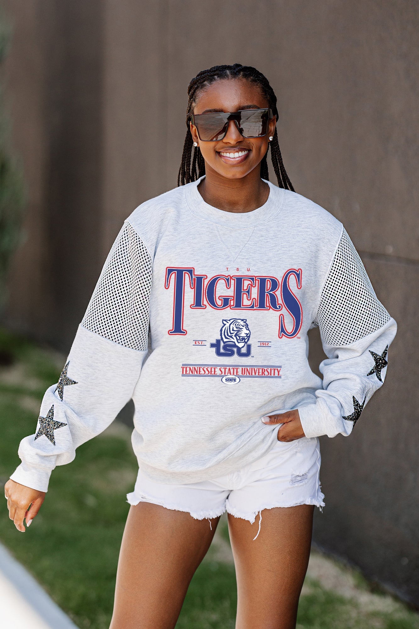 TENNESSEE STATE TIGERS SHINING SPIRIT CREWNECK FLEECE WITH JERSEY MESH CONTRASTING SHOULDER INSERT AND RIBBED CUFFS AND WAISTBAND