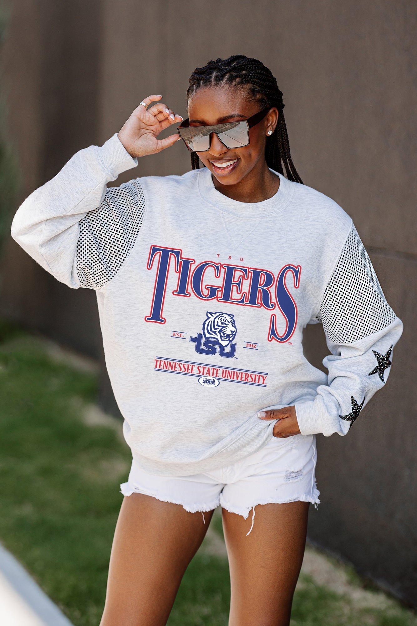 TENNESSEE STATE TIGERS SHINING SPIRIT CREWNECK FLEECE WITH JERSEY MESH CONTRASTING SHOULDER INSERT AND RIBBED CUFFS AND WAISTBAND