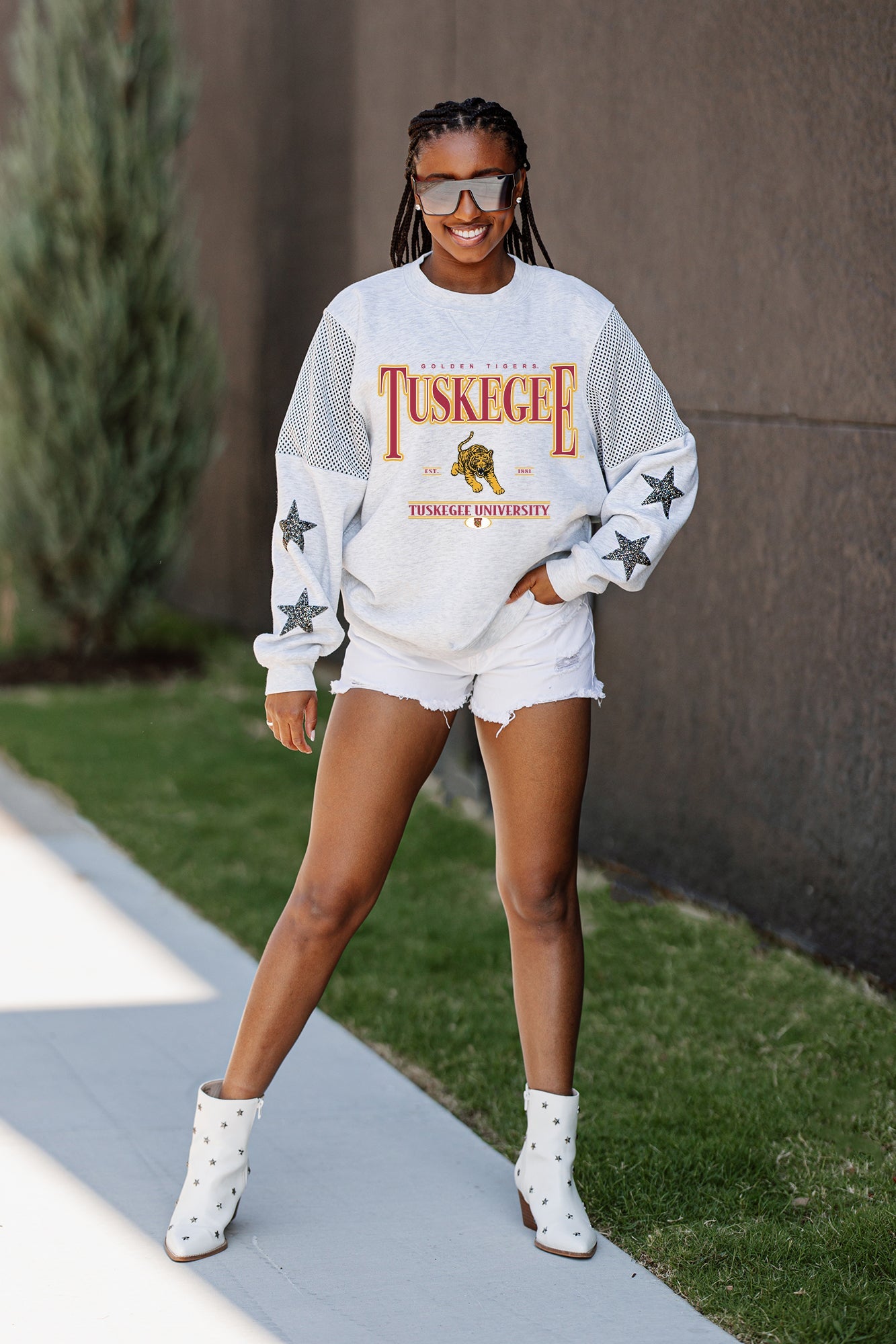 TUSKEGEE GOLDEN TIGERS SHINING SPIRIT CREWNECK FLEECE WITH JERSEY MESH CONTRASTING SHOULDER INSERT AND RIBBED CUFFS AND WAISTBAND