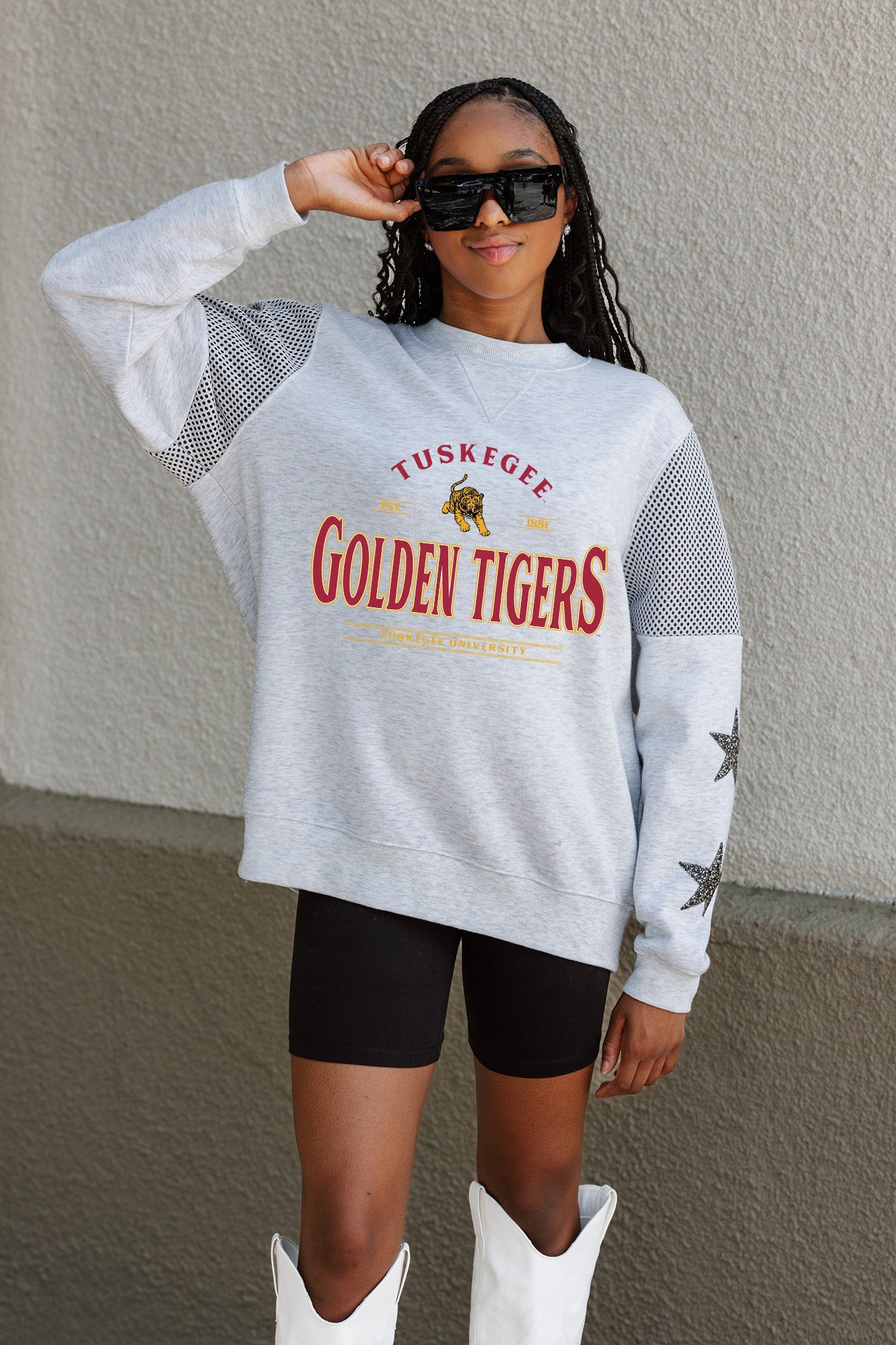 TUSKEGEE GOLDEN TIGERS SWEET MOVES CREWNECK FLEECE WITH JERSEY MESH CONTRASTING SHOULDER INSERT