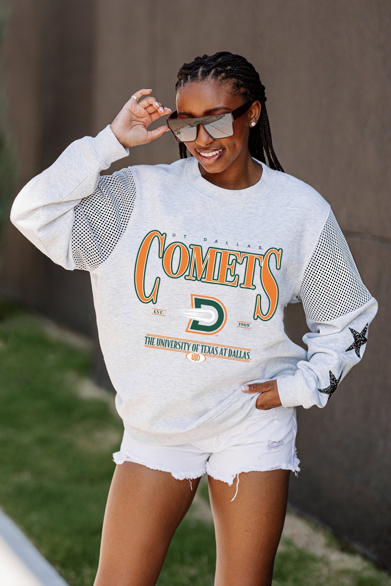 TEXAS AT DALLAS COMETS SHINING SPIRIT CREWNECK FLEECE WITH JERSEY MESH CONTRASTING SHOULDER INSERT AND RIBBED CUFFS AND WAISTBAND