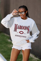 U CHICAGO MAROONS SHINING SPIRIT CREWNECK FLEECE WITH JERSEY MESH CONTRASTING SHOULDER INSERT AND RIBBED CUFFS AND WAISTBAND