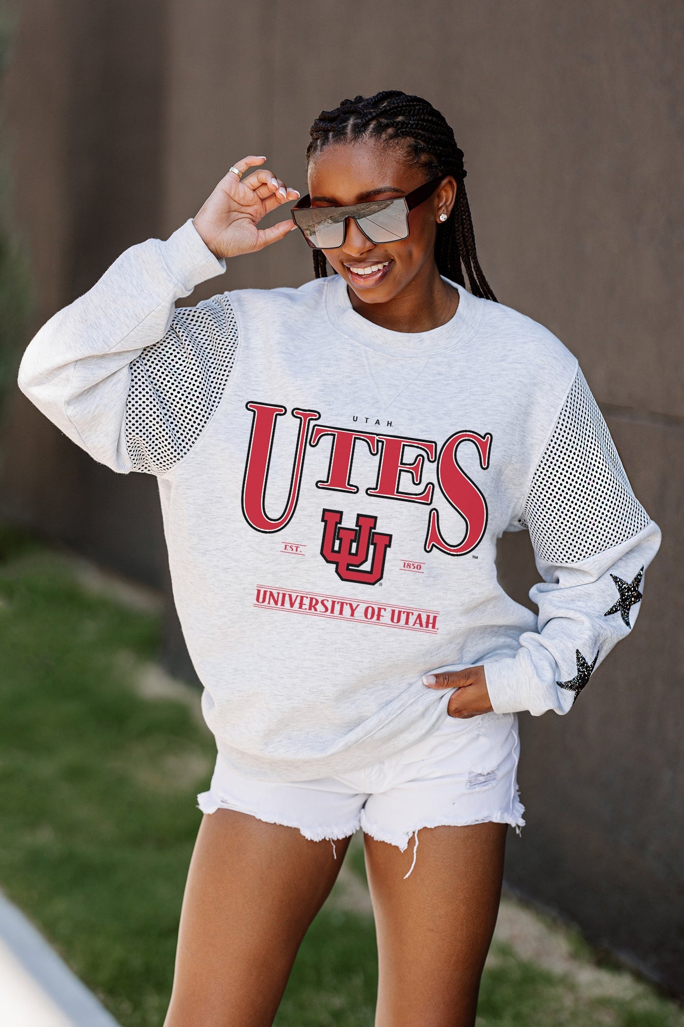 UTAH UTES DYNAMIC CREWNECK FLEECE WITH JERSEY MESH CONTRASTING SHOULDER INSERT