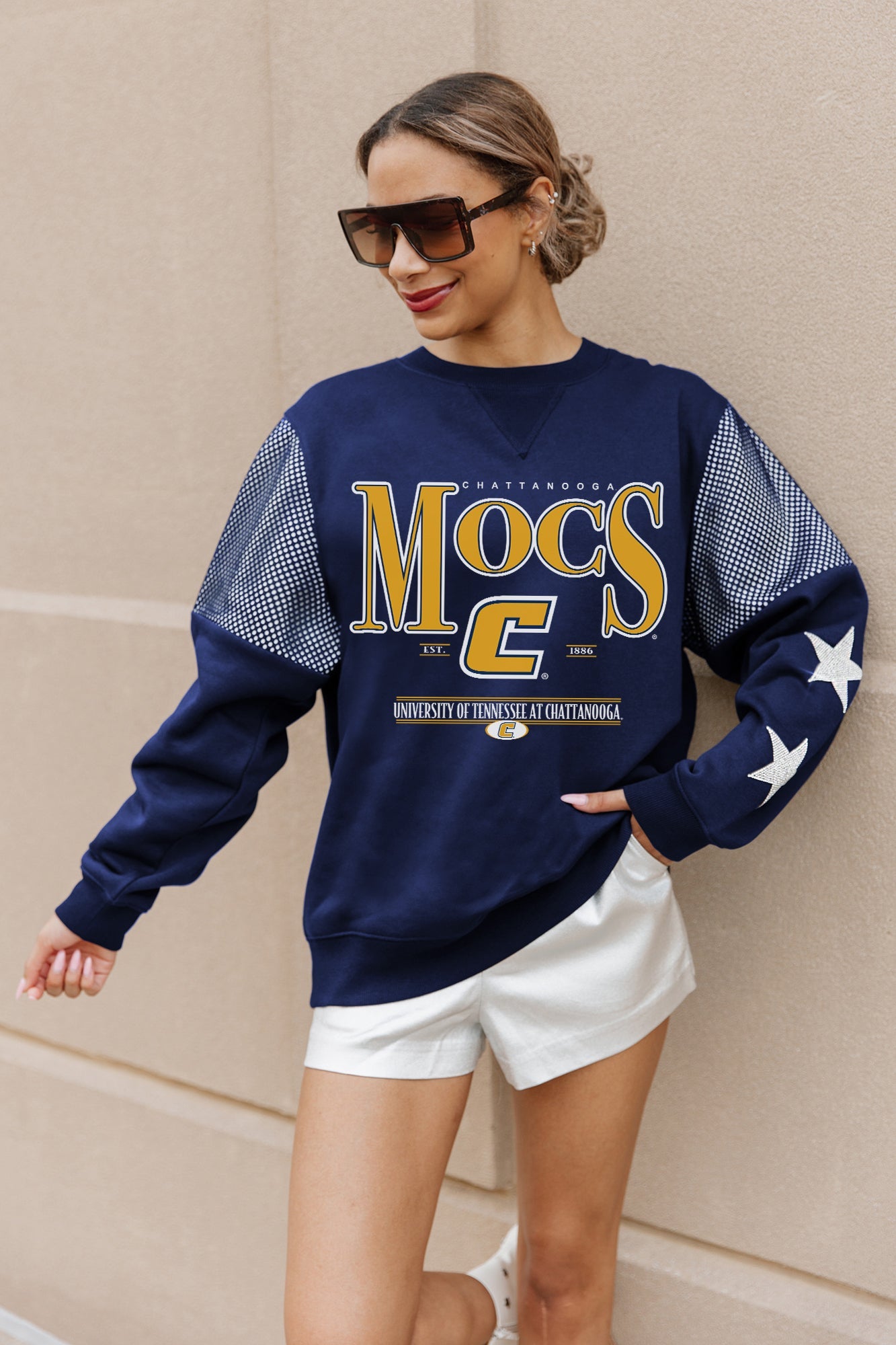 CHATTANOOGA MOCS SHINING SPIRIT CREWNECK FLEECE WITH JERSEY MESH CONTRASTING SHOULDER INSERT AND RIBBED CUFFS AND WAISTBAND