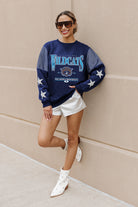 VILLANOVA WILDCATS SHINING SPIRIT CREWNECK FLEECE WITH JERSEY MESH CONTRASTING SHOULDER INSERT AND RIBBED CUFFS AND WAISTBAND