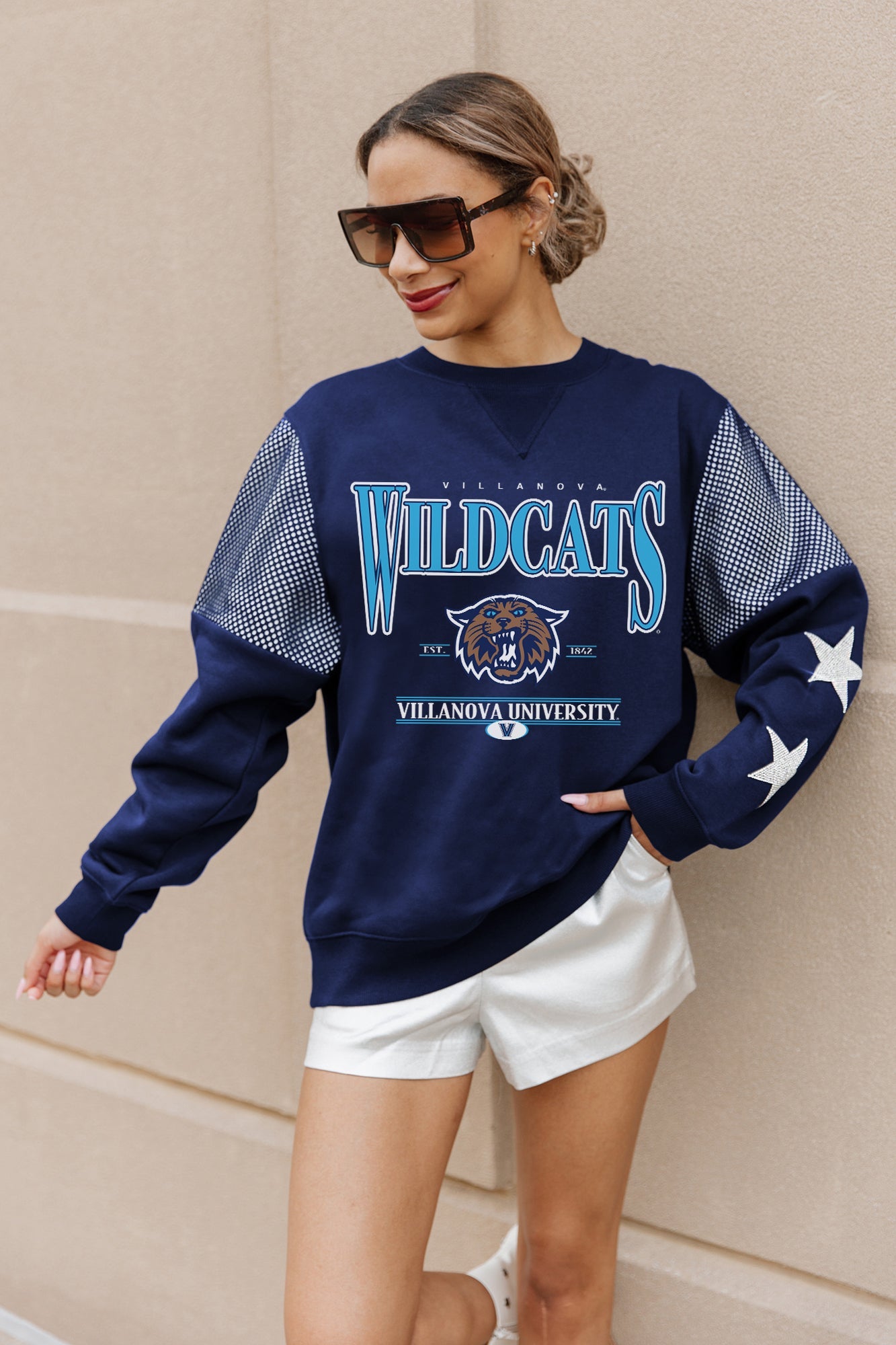 VILLANOVA WILDCATS SHINING SPIRIT CREWNECK FLEECE WITH JERSEY MESH CONTRASTING SHOULDER INSERT AND RIBBED CUFFS AND WAISTBAND