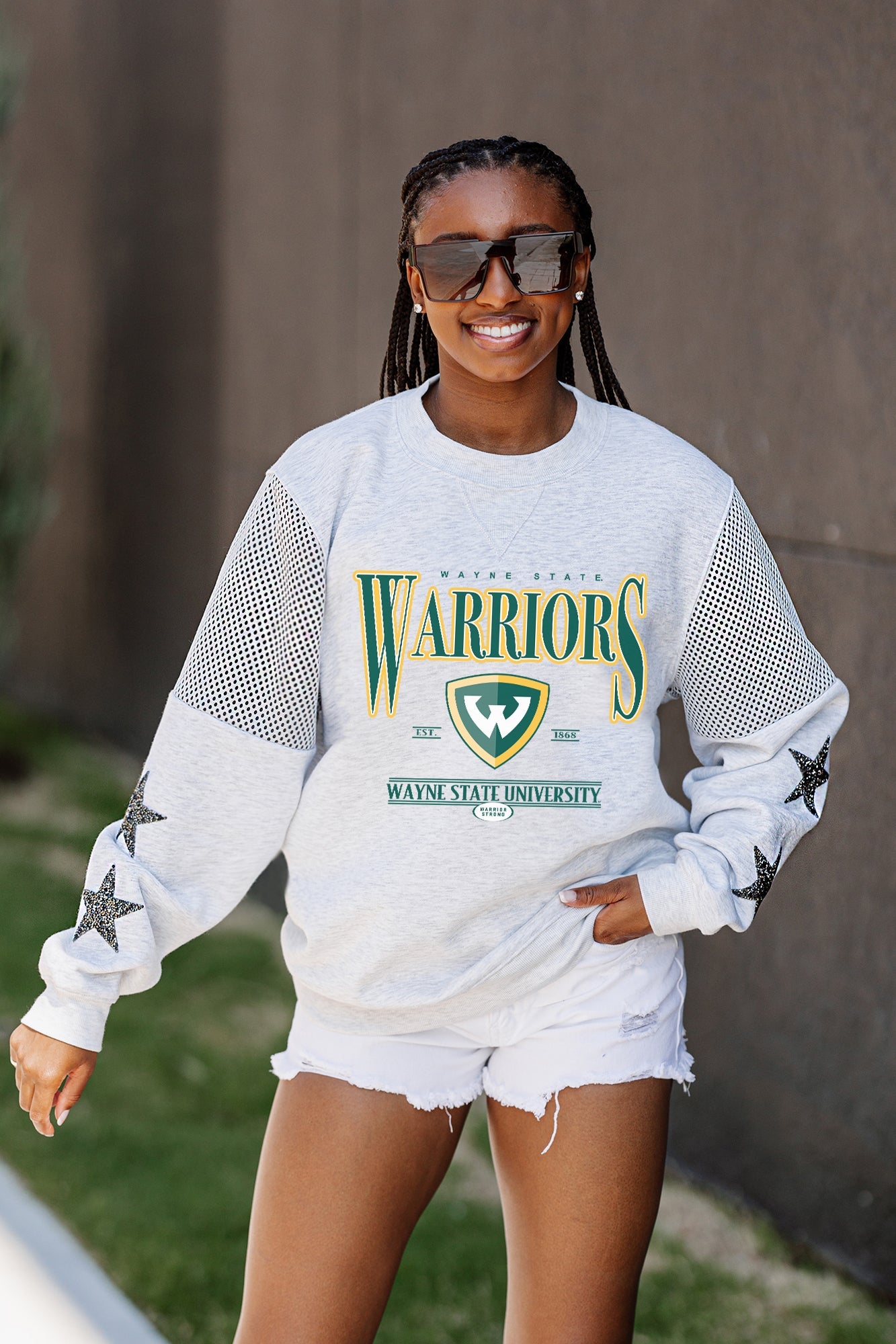 WAYNE STATE WARRIORS SHINING SPIRIT CREWNECK FLEECE WITH JERSEY MESH CONTRASTING SHOULDER INSERT AND RIBBED CUFFS AND WAISTBAND