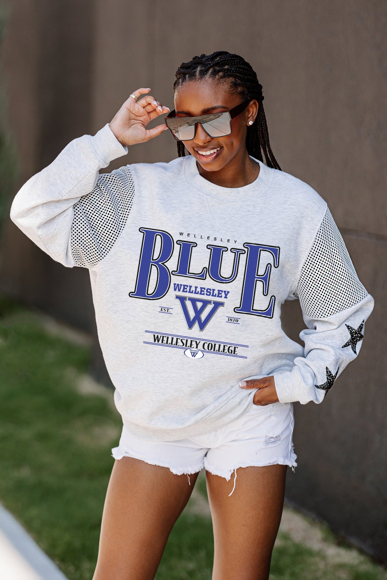 WELLESLEY BLUE SHINING SPIRIT CREWNECK FLEECE WITH JERSEY MESH CONTRASTING SHOULDER INSERT AND RIBBED CUFFS AND WAISTBAND