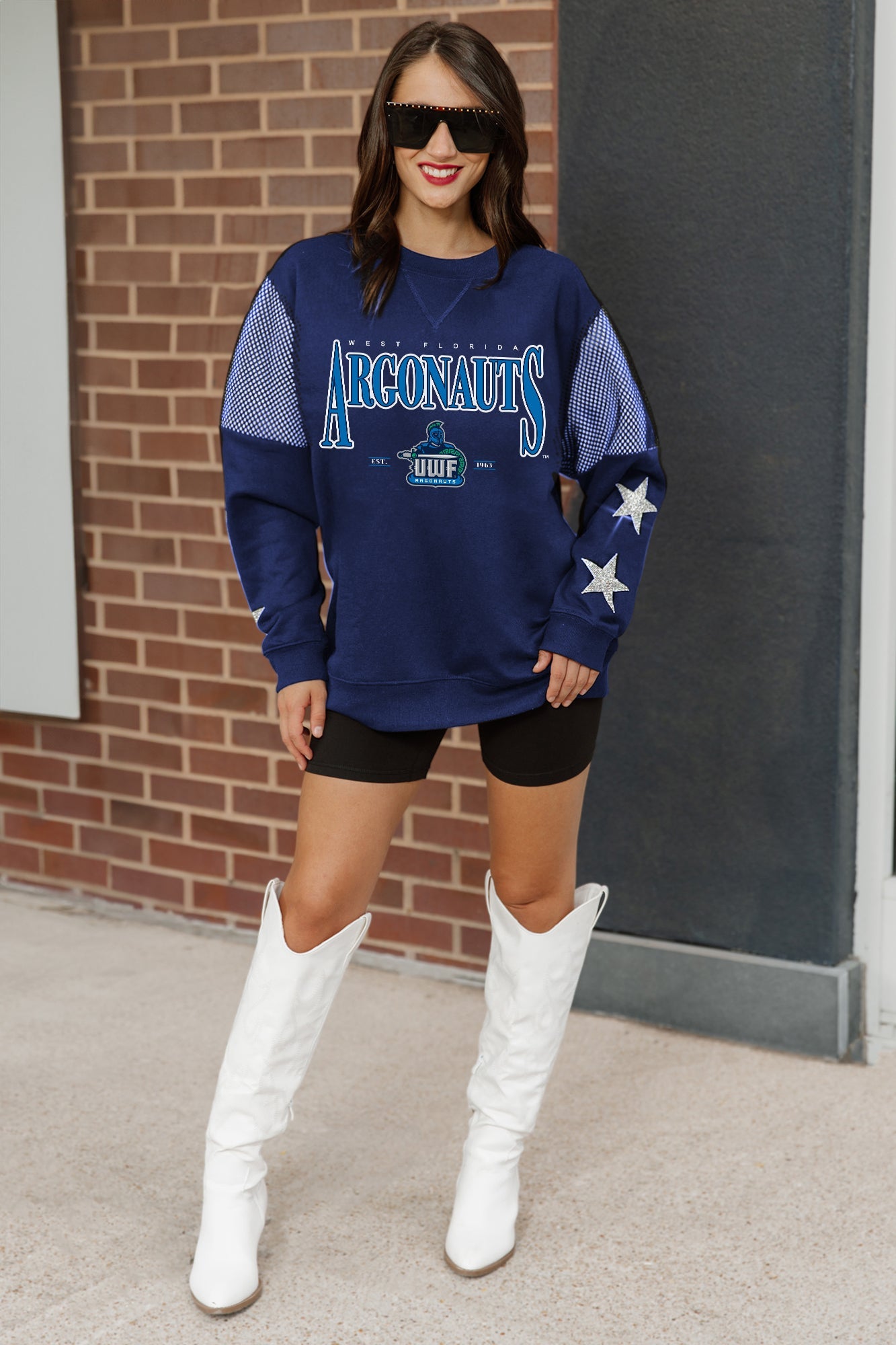 WEST FLORIDA ARGONAUTS SHINING SPIRIT CREWNECK FLEECE WITH JERSEY MESH CONTRASTING SHOULDER INSERT AND RIBBED CUFFS AND WAISTBAND