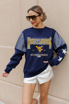 WEST VIRGINIA MOUNTAINEERS SHINING SPIRIT CREWNECK FLEECE WITH JERSEY MESH CONTRASTING SHOULDER INSERT AND RIBBED CUFFS AND WAISTBAND