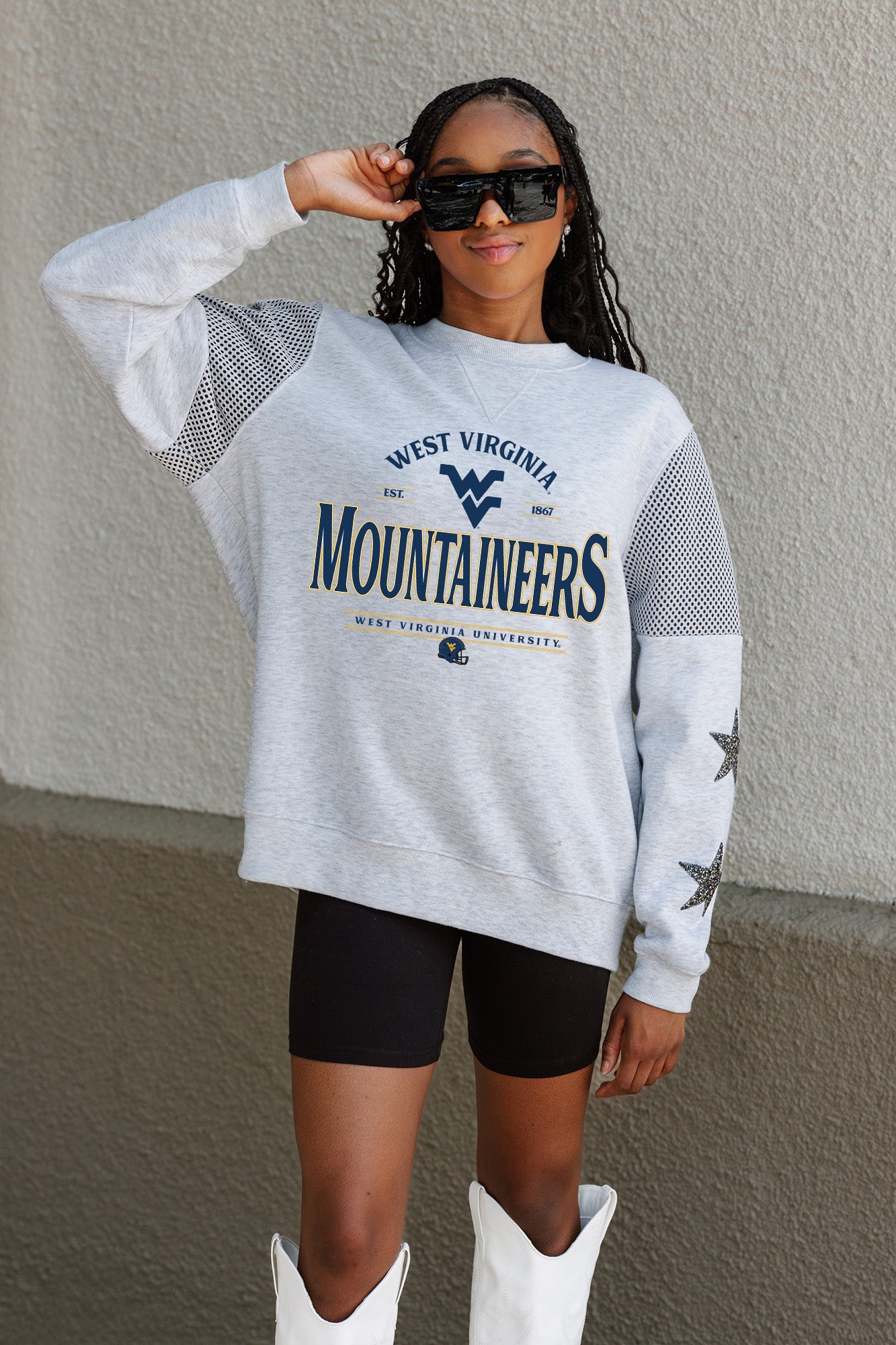 WEST VIRGINIA MOUNTAINEERS SWEET MOVES CREWNECK FLEECE WITH JERSEY MESH CONTRASTING SHOULDER INSERT