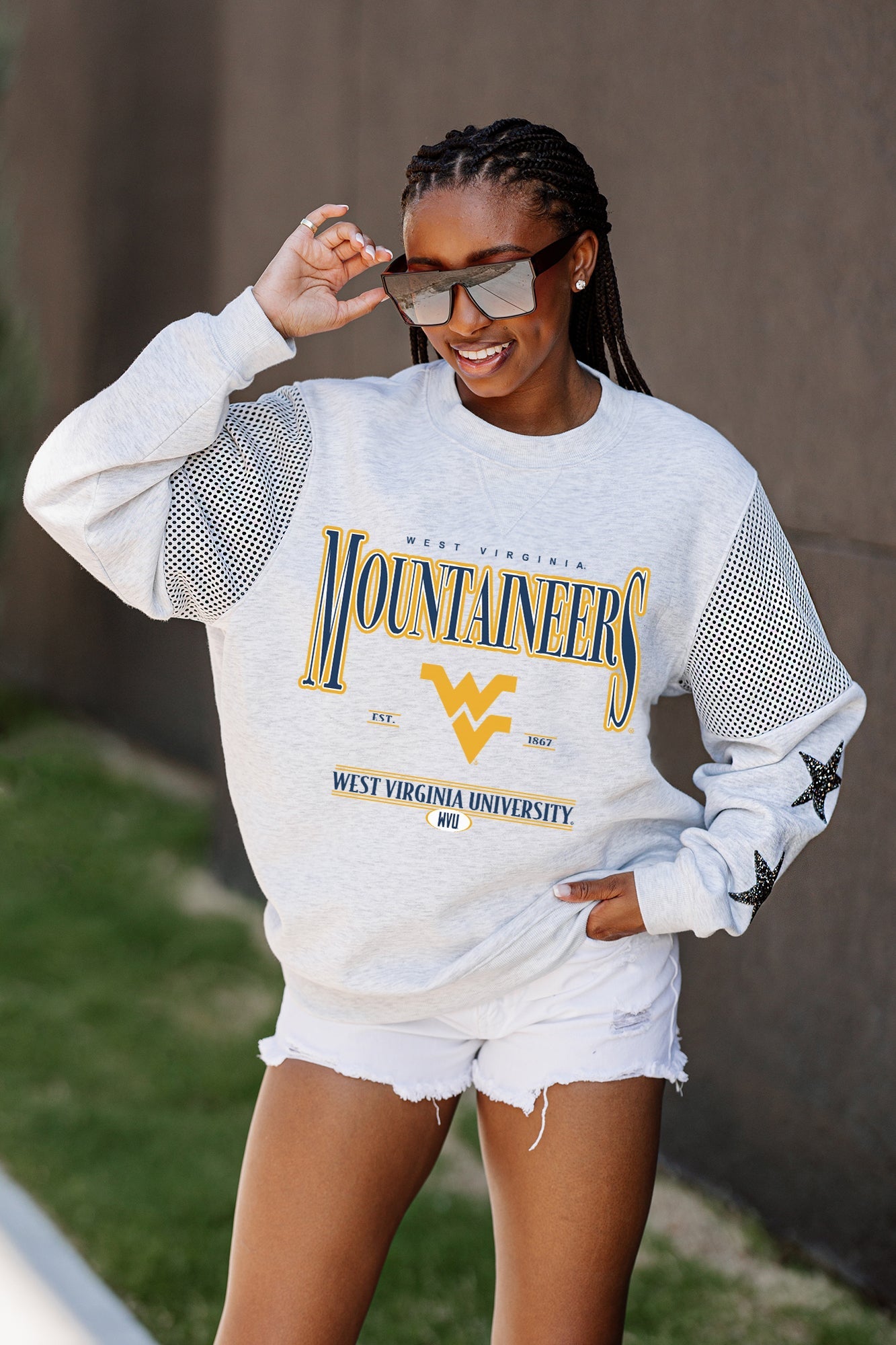 WEST VIRGINIA MOUNTAINEERS DYNAMIC CREWNECK FLEECE WITH JERSEY MESH CONTRASTING SHOULDER INSERT