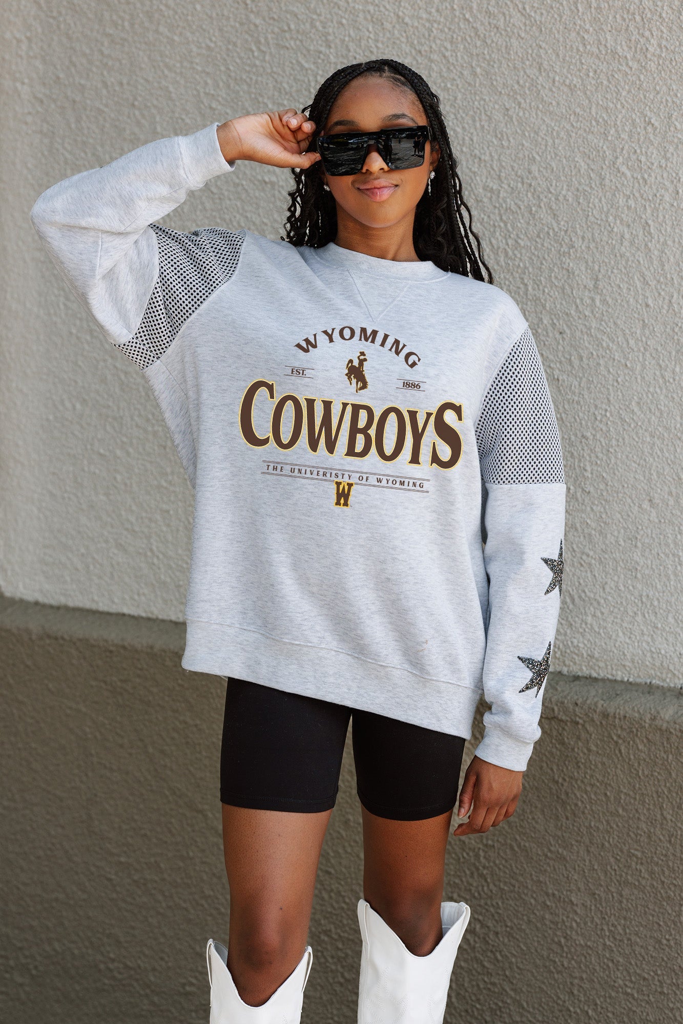 WYOMING COWBOYS SWEET MOVES CREWNECK FLEECE WITH JERSEY MESH CONTRASTING SHOULDER INSERT