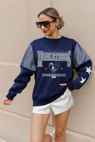 XAVIER MUSKETEERS SHINING SPIRIT CREWNECK FLEECE WITH JERSEY MESH CONTRASTING SHOULDER INSERT AND RIBBED CUFFS AND WAISTBAND