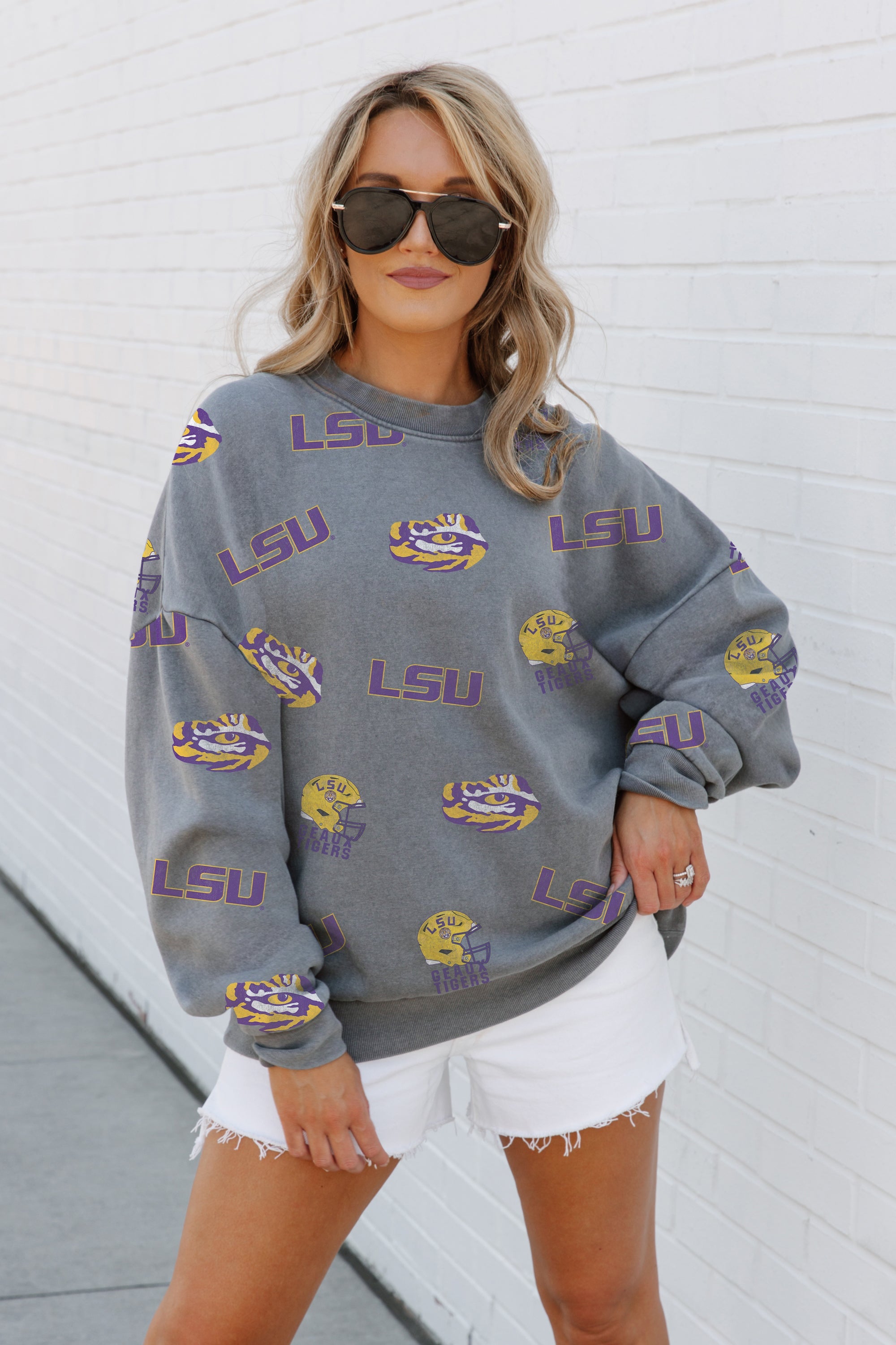 LSU TIGERS PLAYBACK VINTAGE WASH OVERSIZED CREWNECK FLEECE