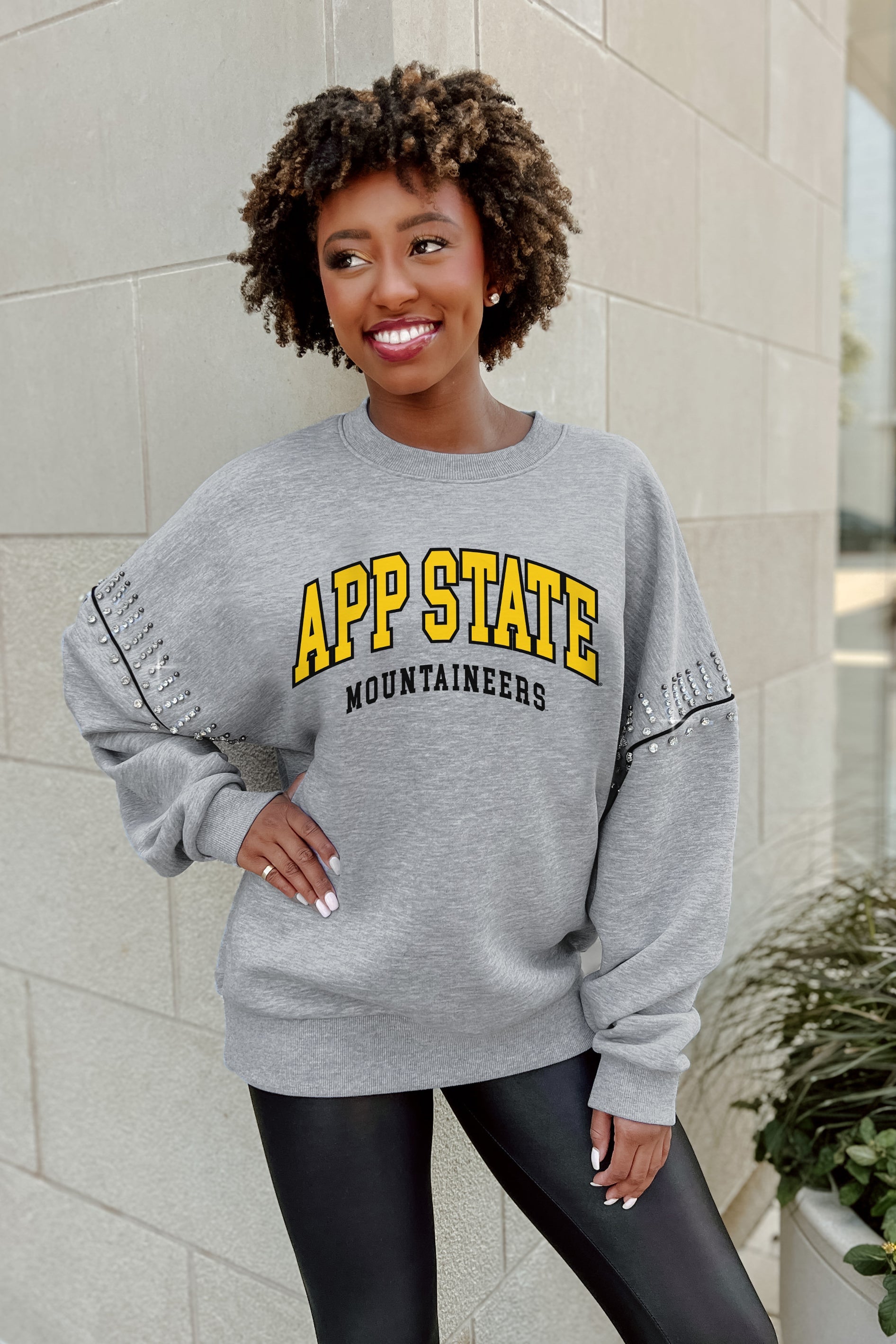 APPALACHIAN STATE MOUNTAINEERS COMPETITIVE EDGE FLEECE PULLOVER WITH JEWEL SLEEVE EMBELLISHMENTS