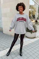 ARKANSAS RAZORBACKS COMPETITIVE EDGE FLEECE PULLOVER WITH JEWEL SLEEVE EMBELLISHMENTS