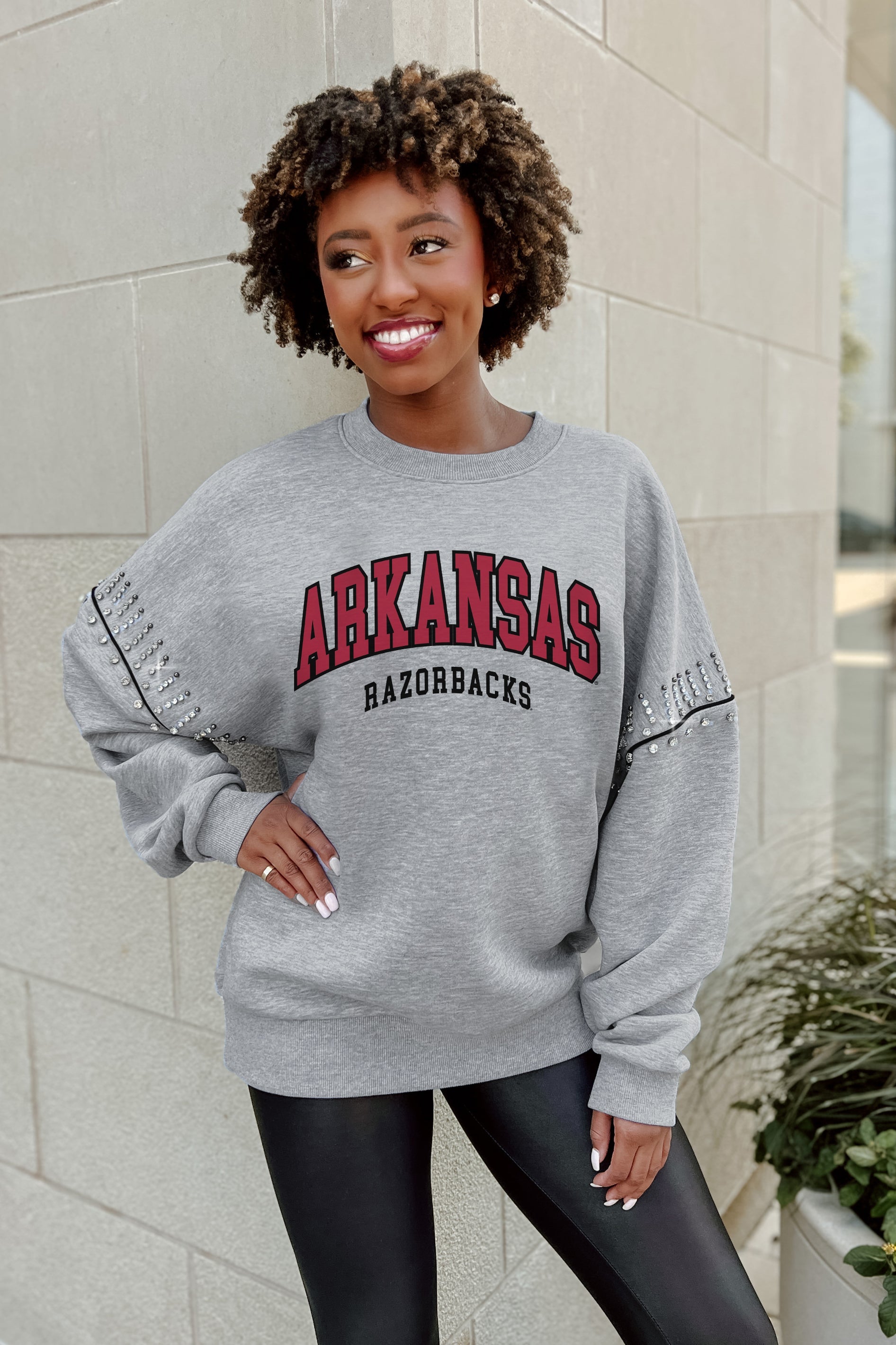 ARKANSAS RAZORBACKS COMPETITIVE EDGE FLEECE PULLOVER WITH JEWEL SLEEVE EMBELLISHMENTS