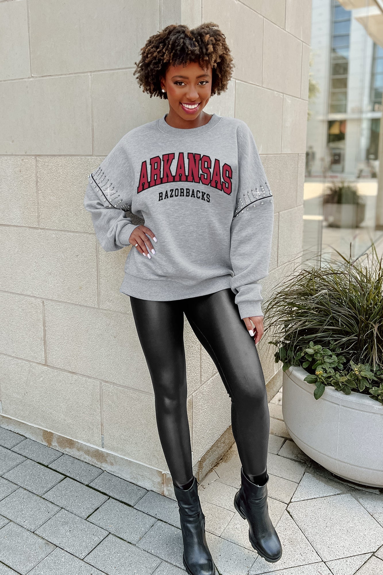 ARKANSAS RAZORBACKS COMPETITIVE EDGE FLEECE PULLOVER WITH JEWEL SLEEVE EMBELLISHMENTS